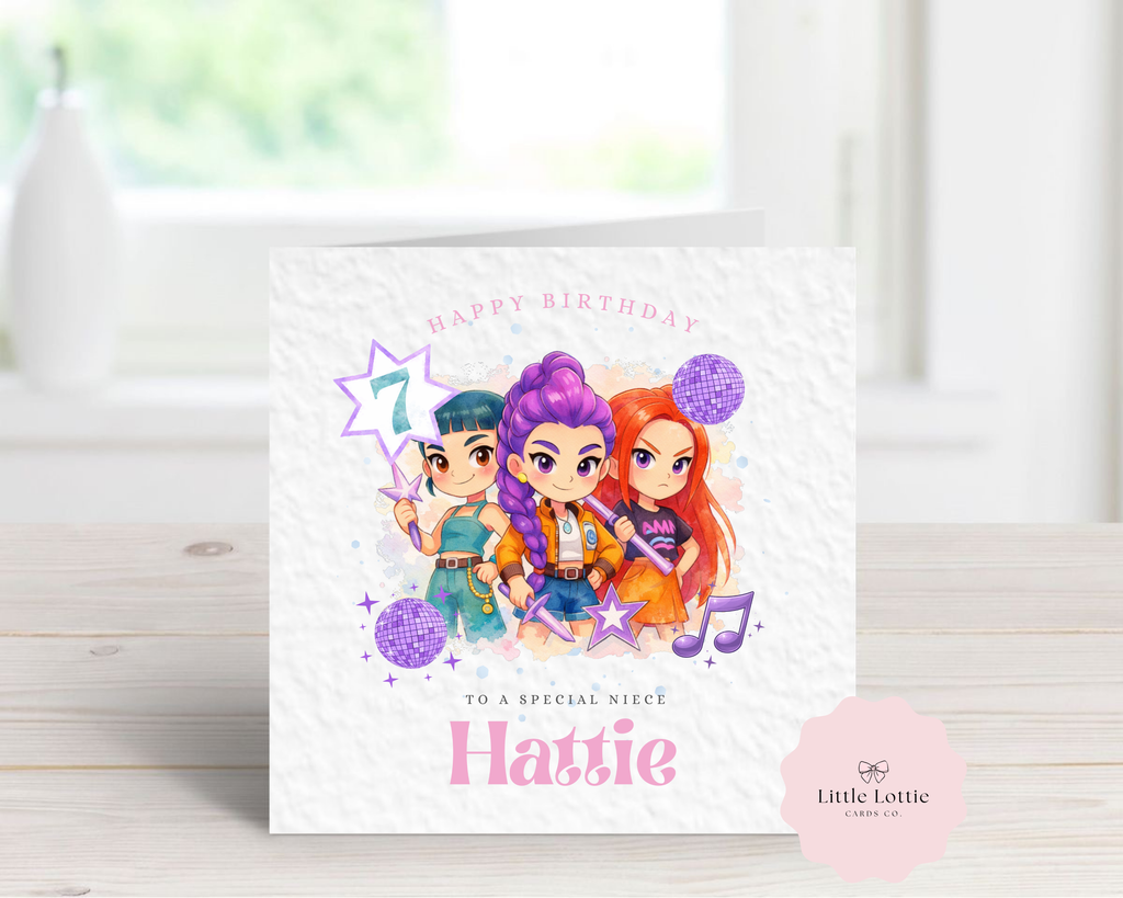 Personalised K-Pop Demon Hunters Birthday Card - Anime Style Warrior Design