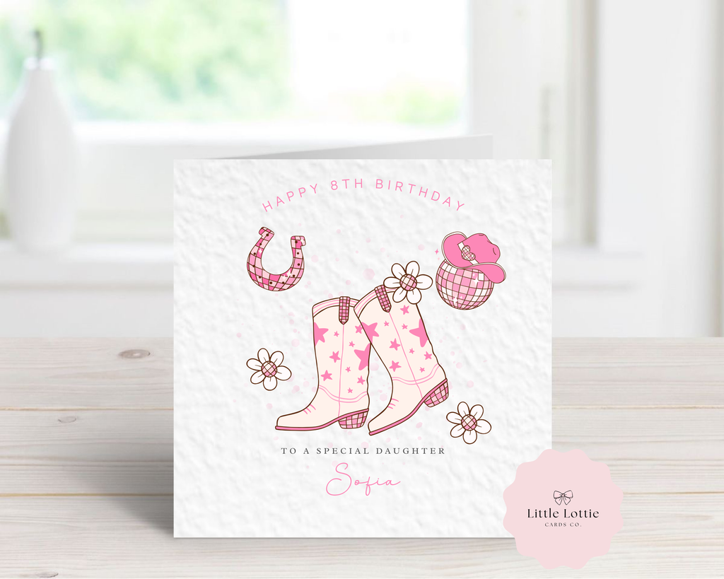 Personalised Pink Cowgirl Boots Birthday Card - Western Disco Ball Design - Custom Name, Age & Relation - Luxury 6" Square Card for Daughter, Granddaughter, Niece - Any Age & Text Available