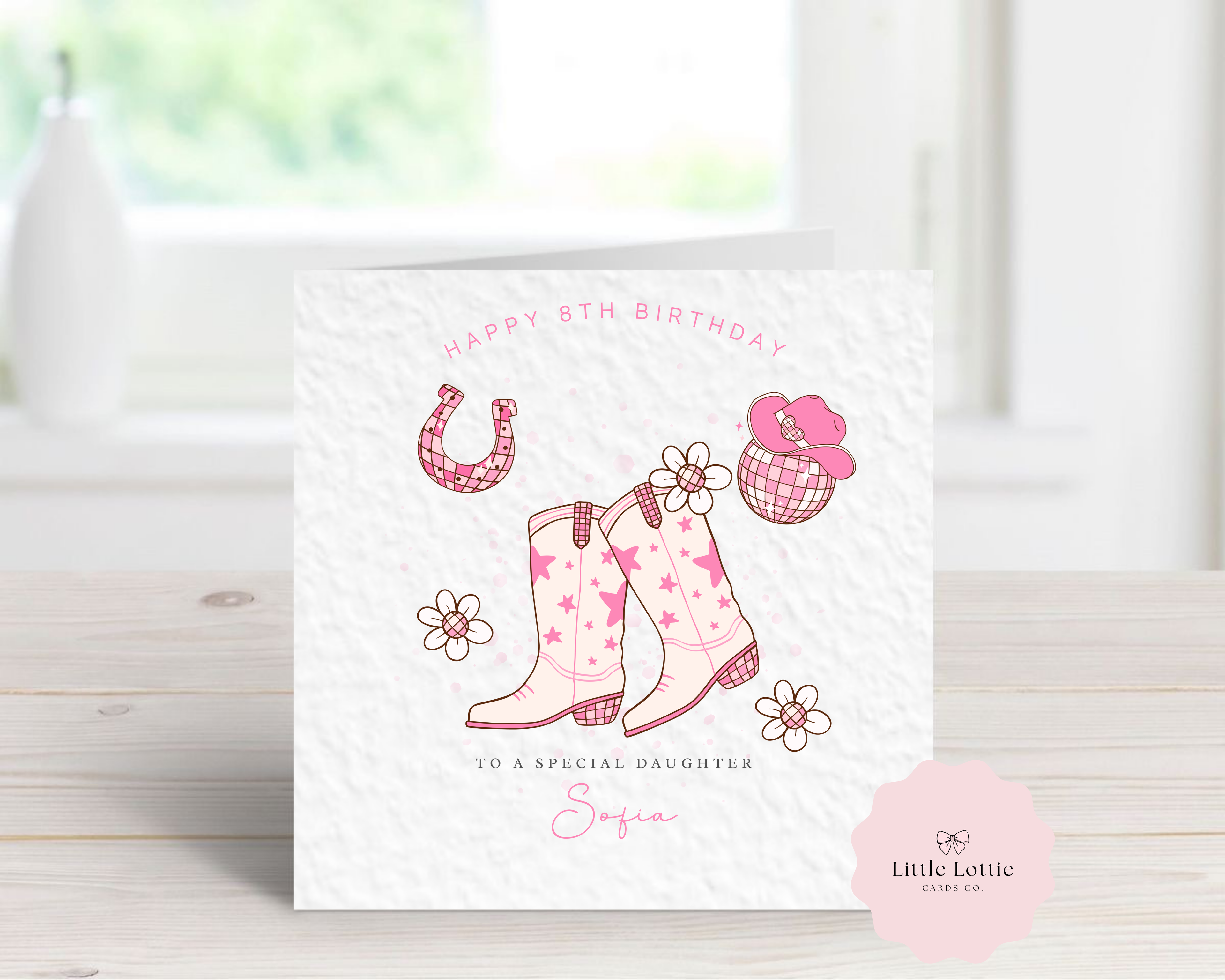 Personalised Pink Cowgirl Boots Birthday Card - Western Disco Ball Design - Custom Name, Age & Relation - Luxury 6" Square Card for Daughter, Granddaughter, Niece - Any Age & Text Available