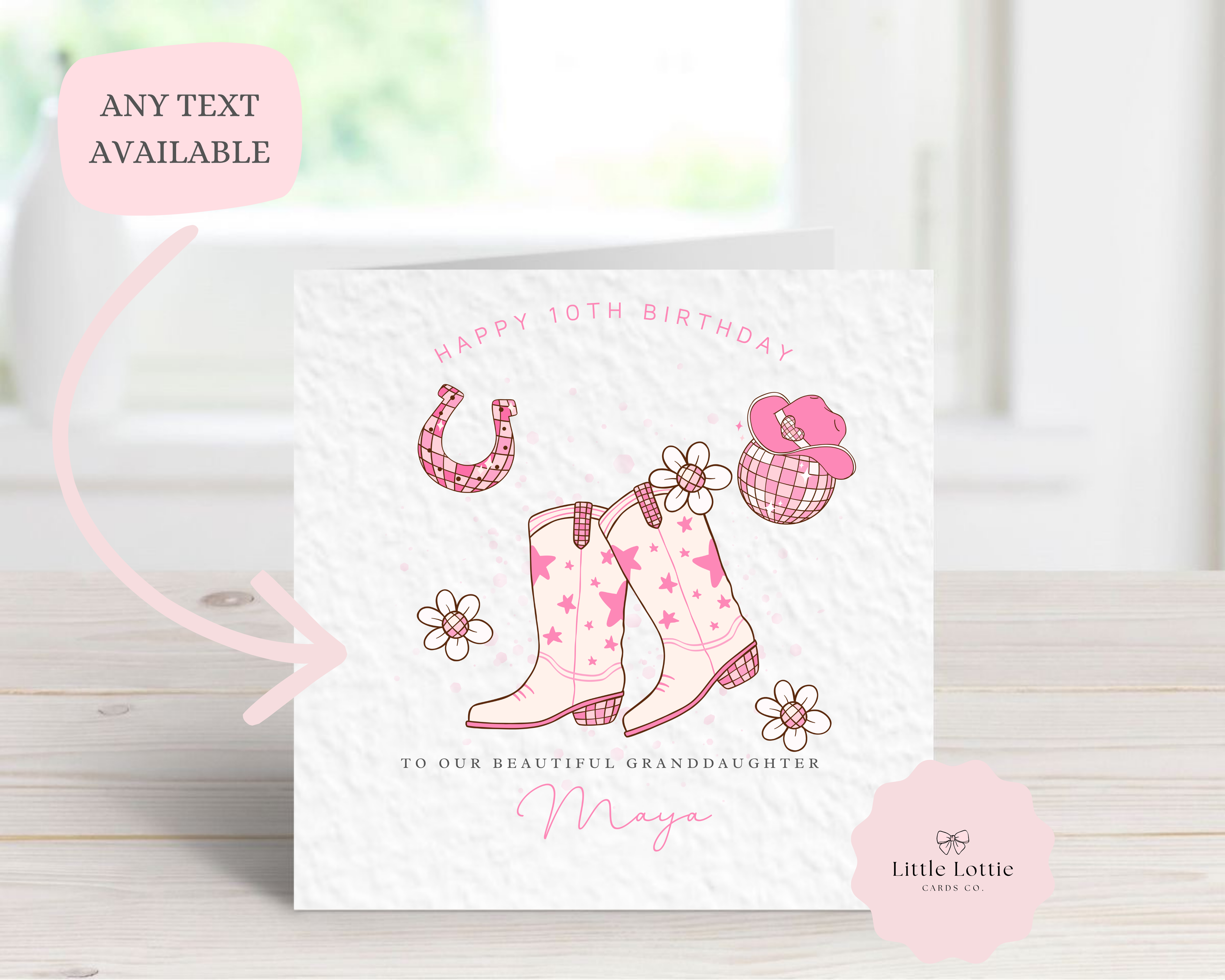 Personalised Pink Cowgirl Boots Birthday Card - Western Disco Ball Design - Custom Name, Age & Relation - Luxury 6" Square Card for Daughter, Granddaughter, Niece - Any Age & Text Available
