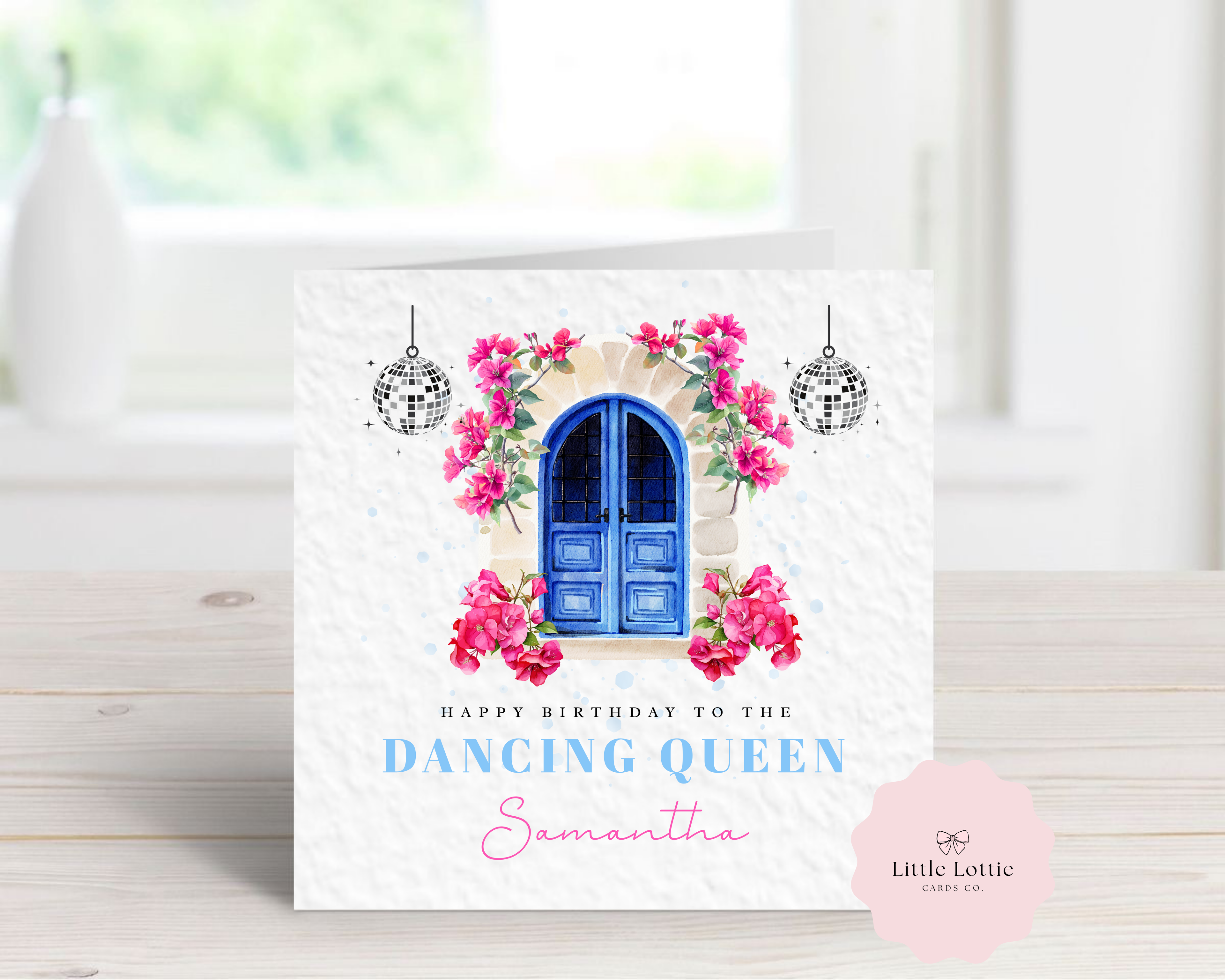 Personalised Mamma Mia Inspired Birthday Card - Greek Island Disco Design - Custom Name, Age & Relation - Luxury 6" Square Card for Sister, Daughter, Best Friend - Any Age & Text Available