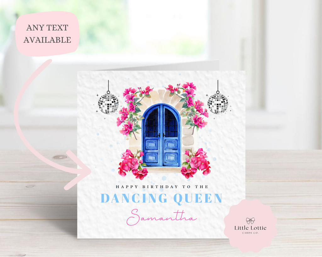 Personalised Mamma Mia Inspired Birthday Card - Greek Island Disco Design - Custom Name, Age & Relation - Luxury 6" Square Card for Sister, Daughter, Best Friend - Any Age & Text Available