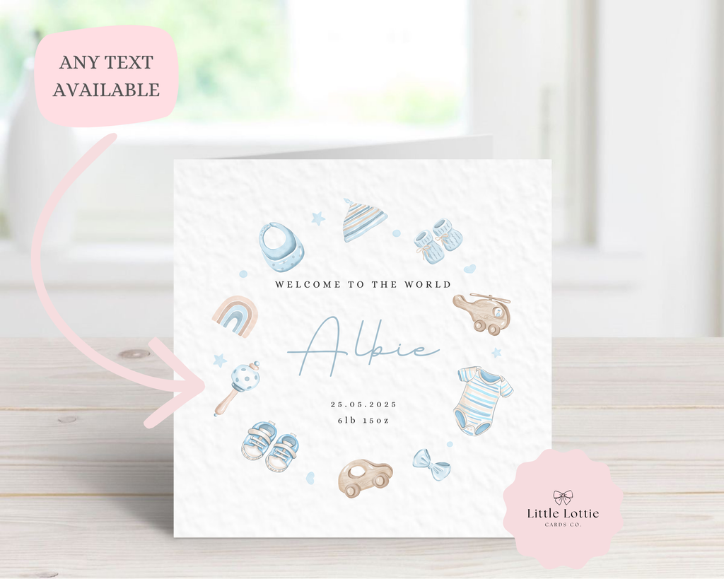 Personalised New Baby Boy Card - Blue Nursery Birth Details - Custom Name, Date & Weight Keepsake