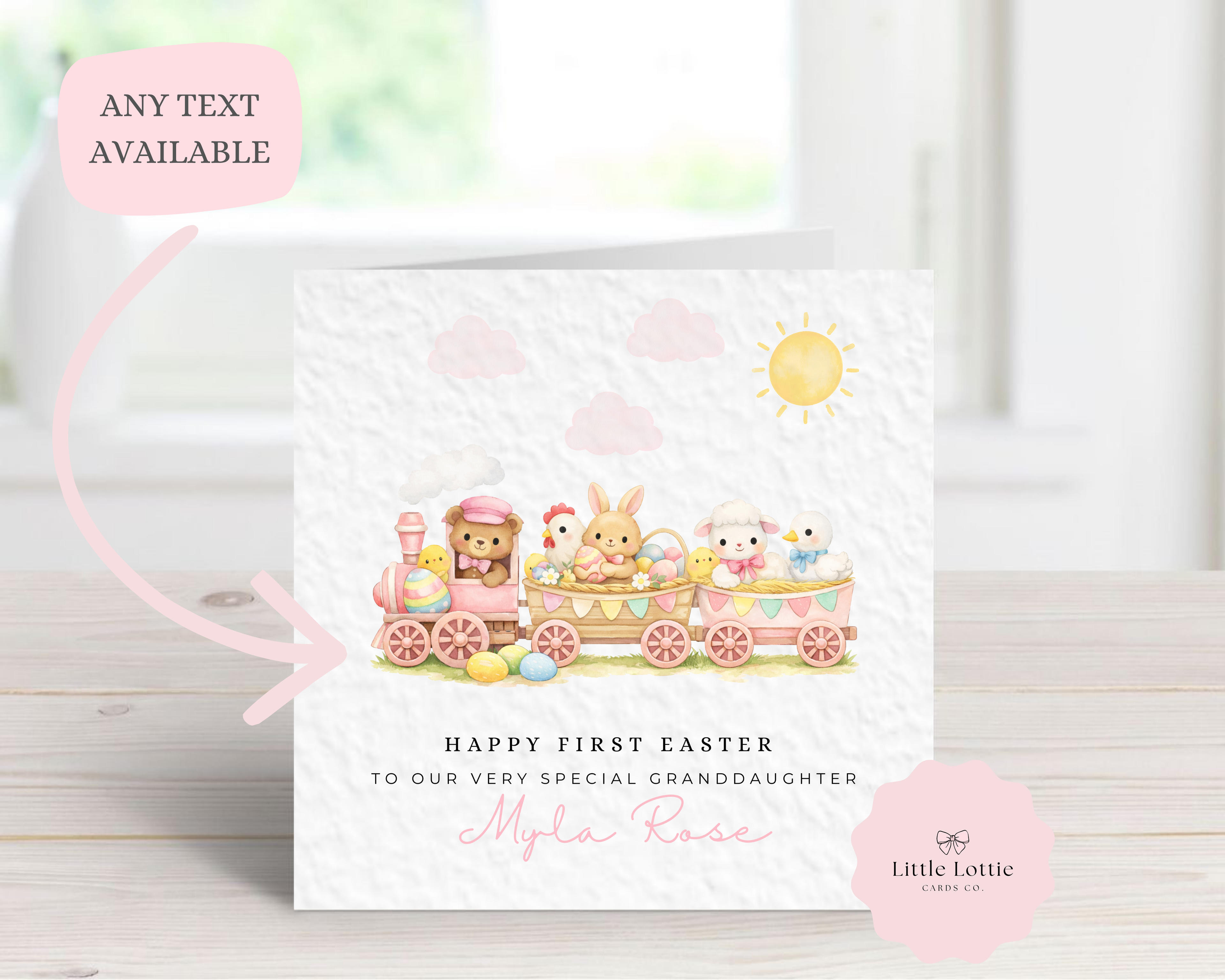 Personalised Baby's First Easter Card - Pink Watercolor Animal Train with Bear, Bunny & Lamb - Custom Name & Relation - Large 6" Square Card for Granddaughter, Daughter, Niece