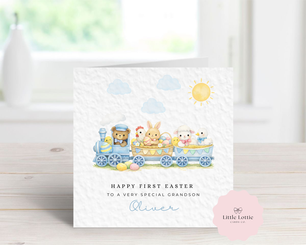 Personalised Baby's First Easter Card - Blue Watercolor Animal Train with Bear, Bunny & Lamb - Custom Name & Relation - Large 6" Square Card for Grandson, Son, Nephew