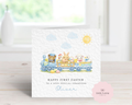 Personalised Baby's First Easter Card - Blue Watercolor Animal Train with Bear, Bunny & Lamb - Custom Name & Relation - Large 6" Square Card for Grandson, Son, Nephew