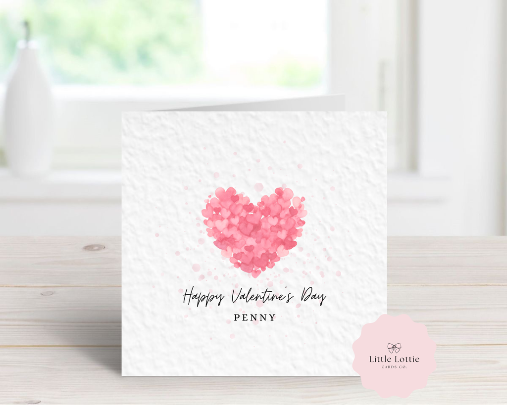 Personalised Valentine’s Day Card - Any Name & Relation - Cute Watercolor Pink Heart Collage - Custom Card for Girlfriend, Wife, or Mum