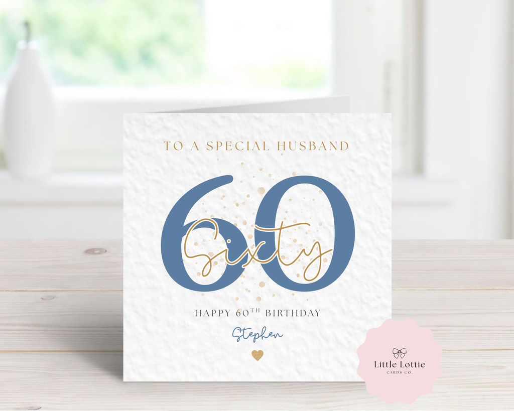 Personalised 60th Birthday Card - Blue & Gold "Sixty" Design