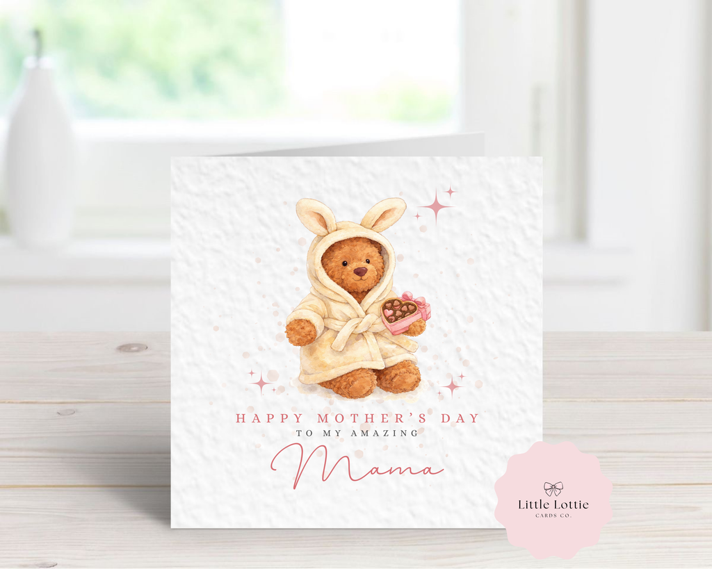 Personalised Mother's Day Card - Any Name & Relation - Cute Watercolor Teddy Bear in Bunny Robe with Heart Chocolates Illustration - Custom Card for Mum, Mummy, Nanna, Grandma - Large 6" Square