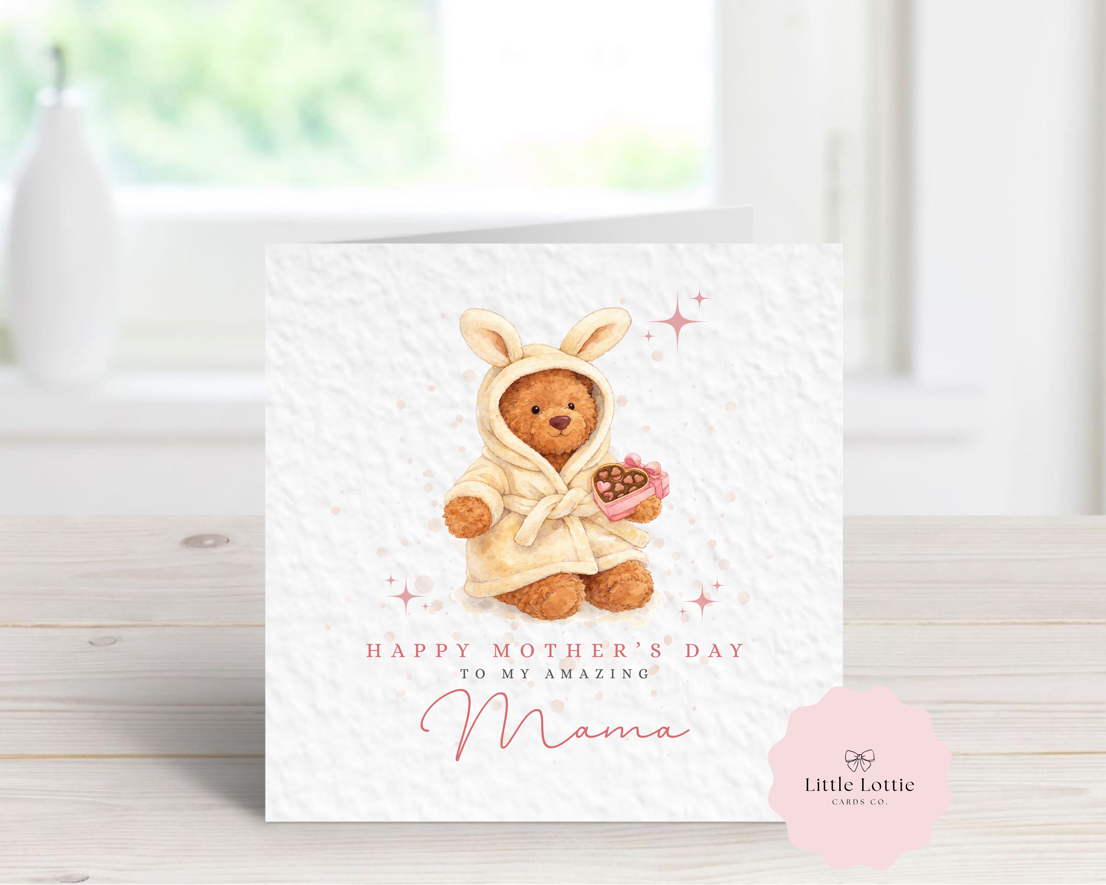 Personalised Mother's Day Card - Any Name & Relation - Cute Watercolor Teddy Bear in Bunny Robe with Heart Chocolates Illustration - Custom Card for Mum, Mummy, Nanna, Grandma - Large 6" Square