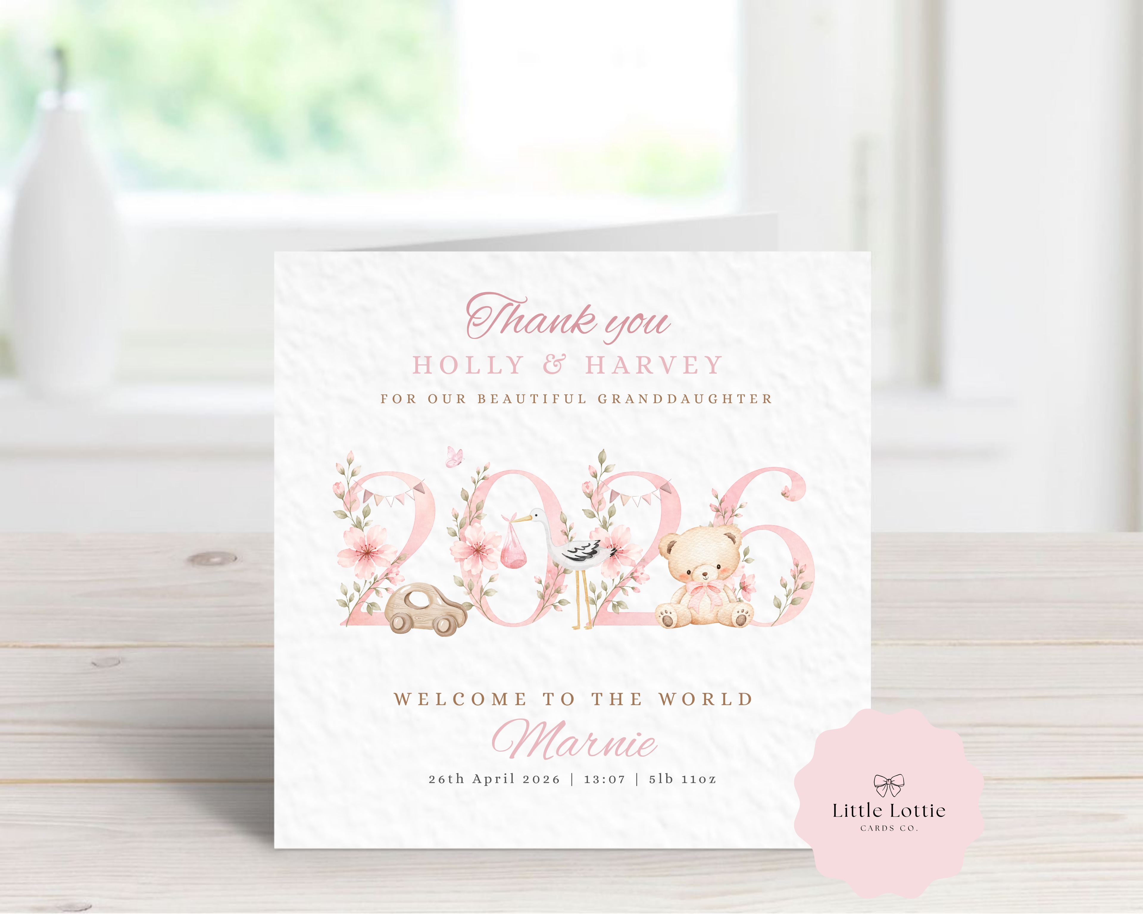Personalised New Baby Girl Card - Pink 2026 Floral Year Keepsake - Custom Granddaughter Birth Details - Welcome to the World