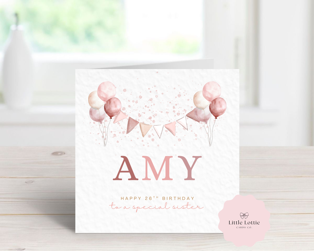 Personalised Birthday Card - Blush Pink Balloons & Bunting - Any Name, Age & Relation