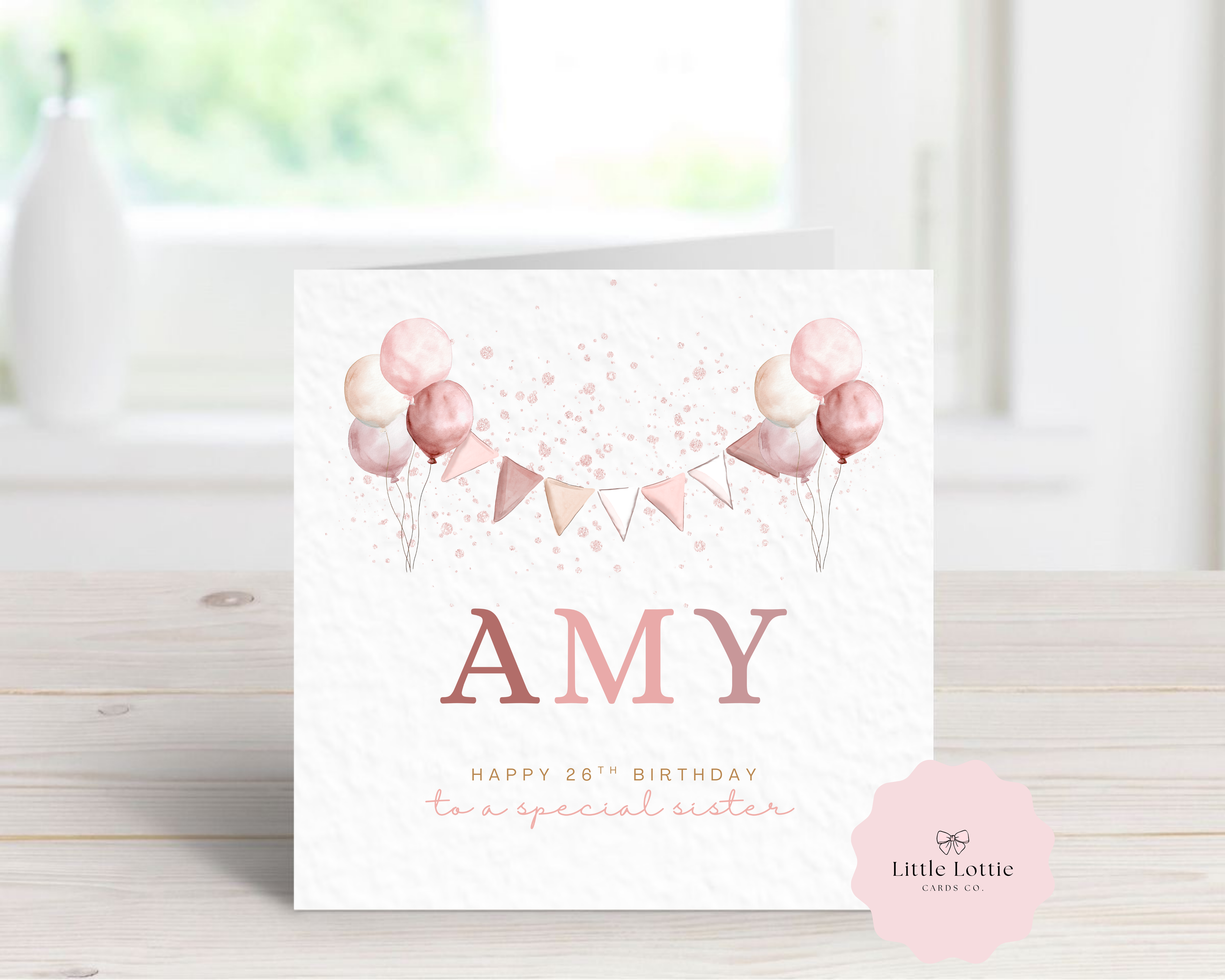 Personalised Birthday Card - Blush Pink Balloons & Bunting - Any Name, Age & Relation