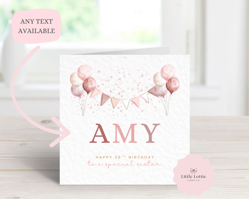Personalised Birthday Card - Blush Pink Balloons & Bunting - Any Name, Age & Relation