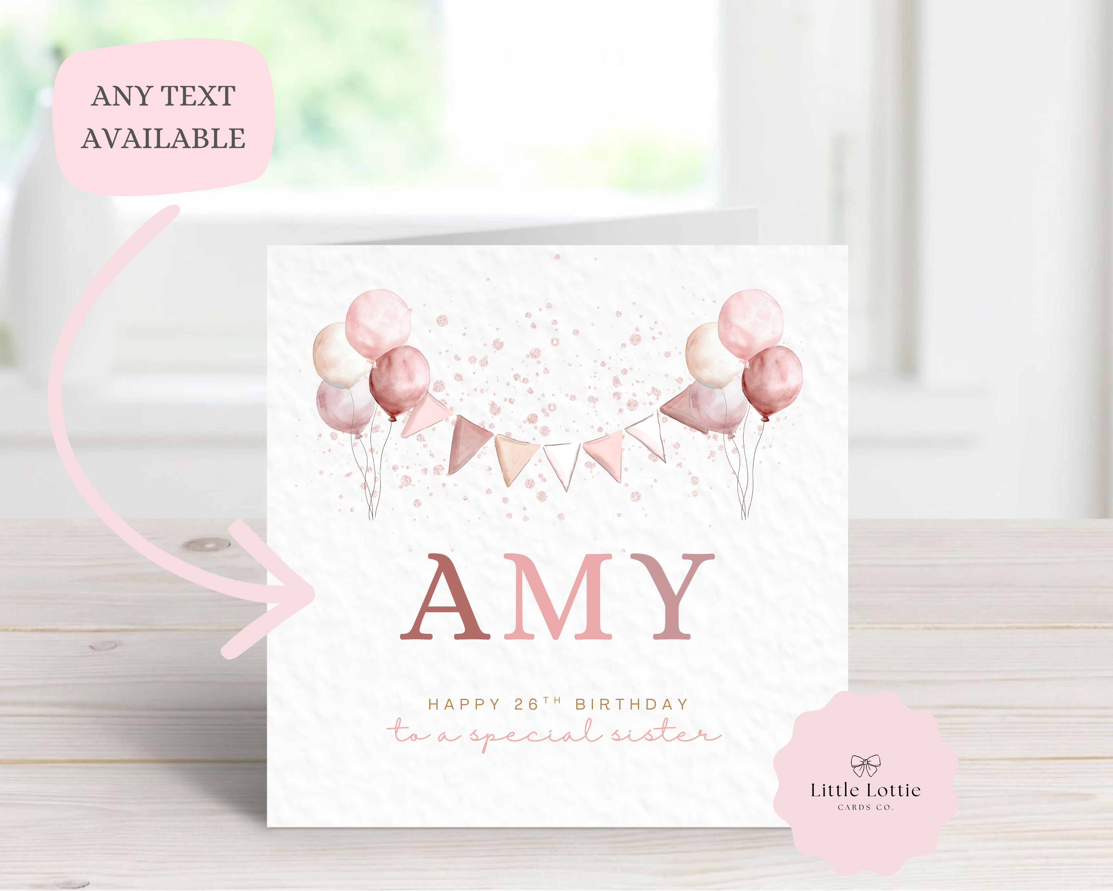 Personalised Birthday Card - Blush Pink Balloons & Bunting - Any Name, Age & Relation