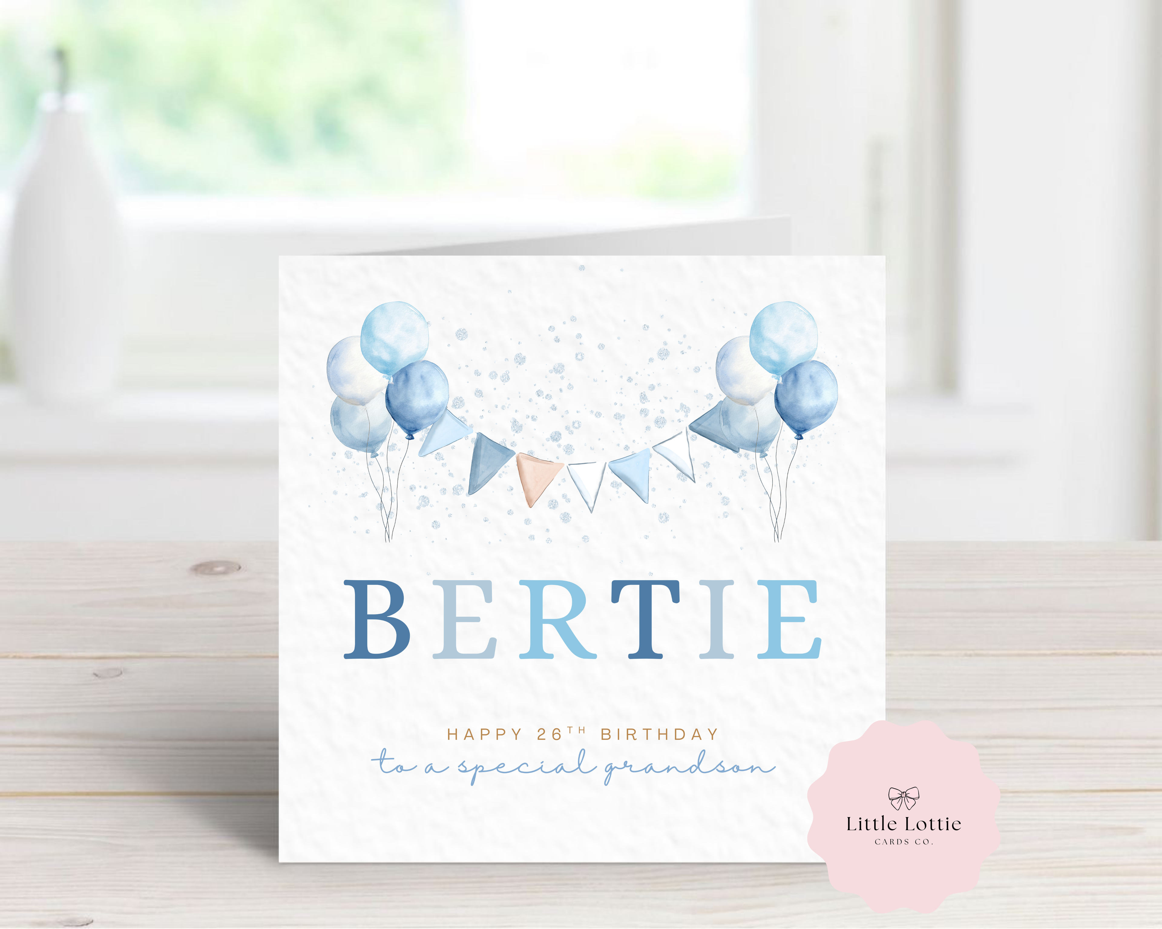 Personalised Birthday Card - Blue Balloons & Bunting - Any Name, Age & Relation