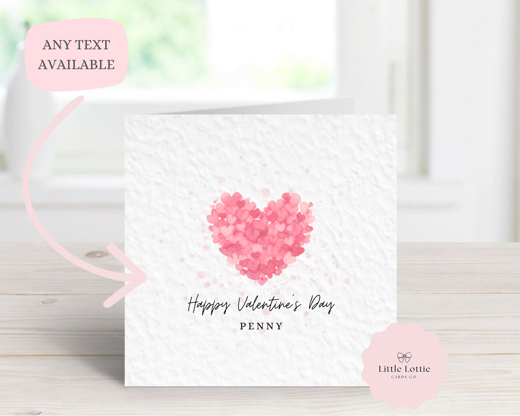 Personalised Valentine’s Day Card - Any Name & Relation - Cute Watercolor Pink Heart Collage - Custom Card for Girlfriend, Wife, or Mum