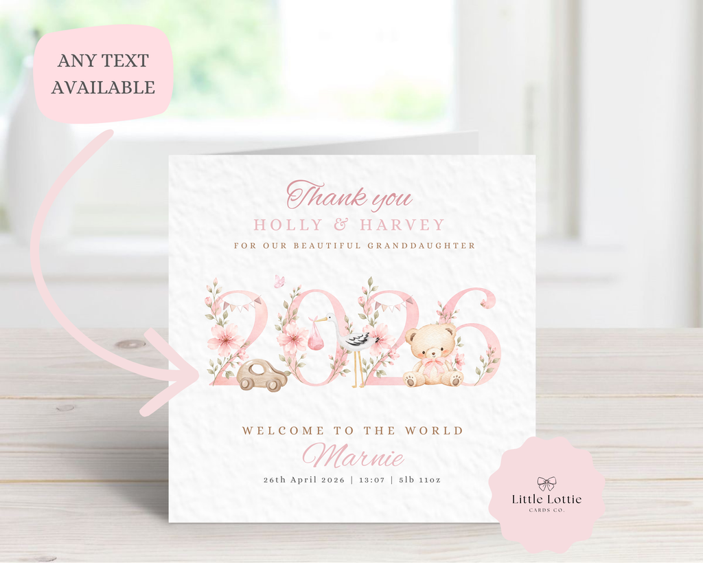 Personalised New Baby Girl Card - Pink 2026 Floral Year Keepsake - Custom Granddaughter Birth Details - Welcome to the World