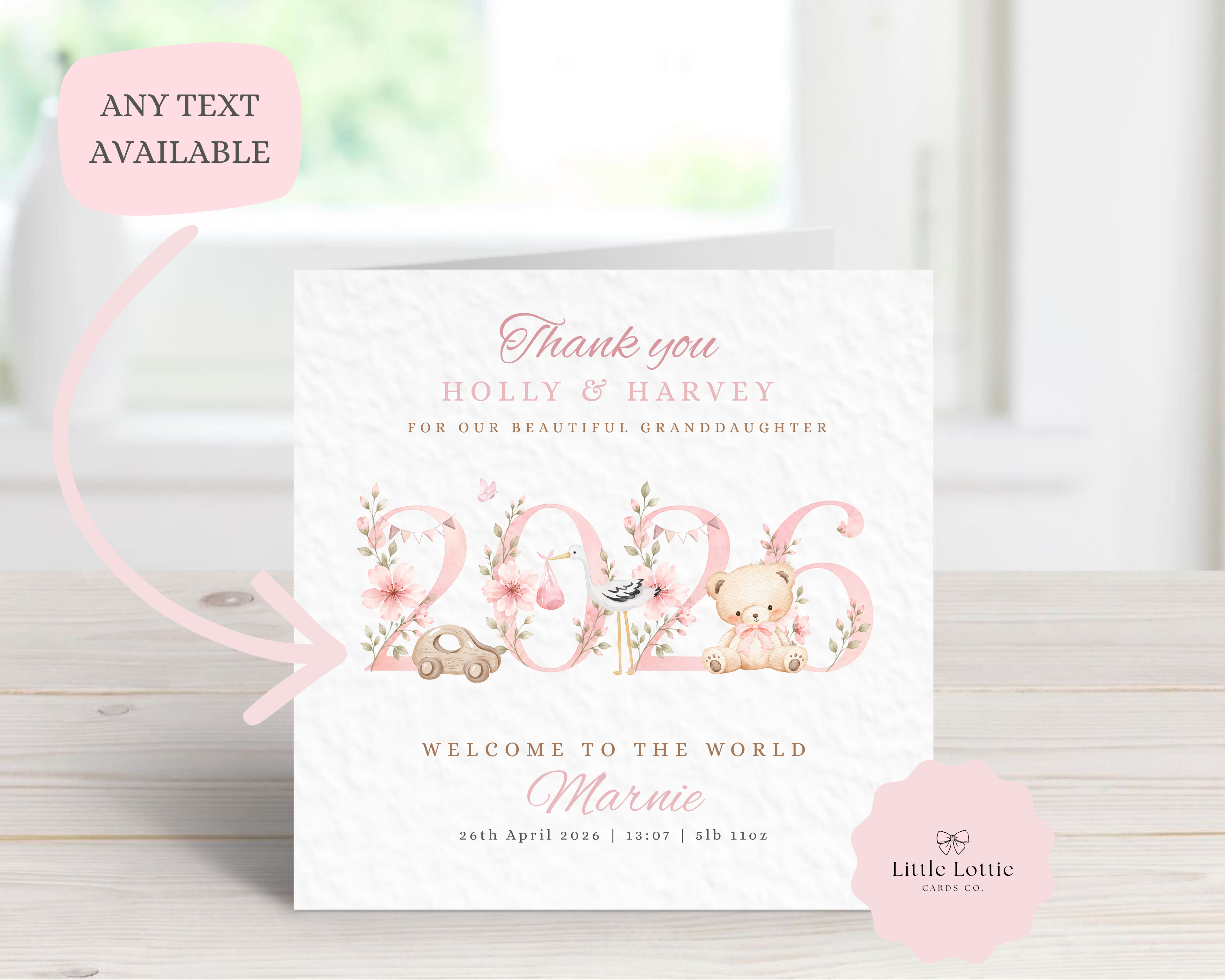 Personalised New Baby Girl Card - Pink 2026 Floral Year Keepsake - Custom Granddaughter Birth Details - Welcome to the World