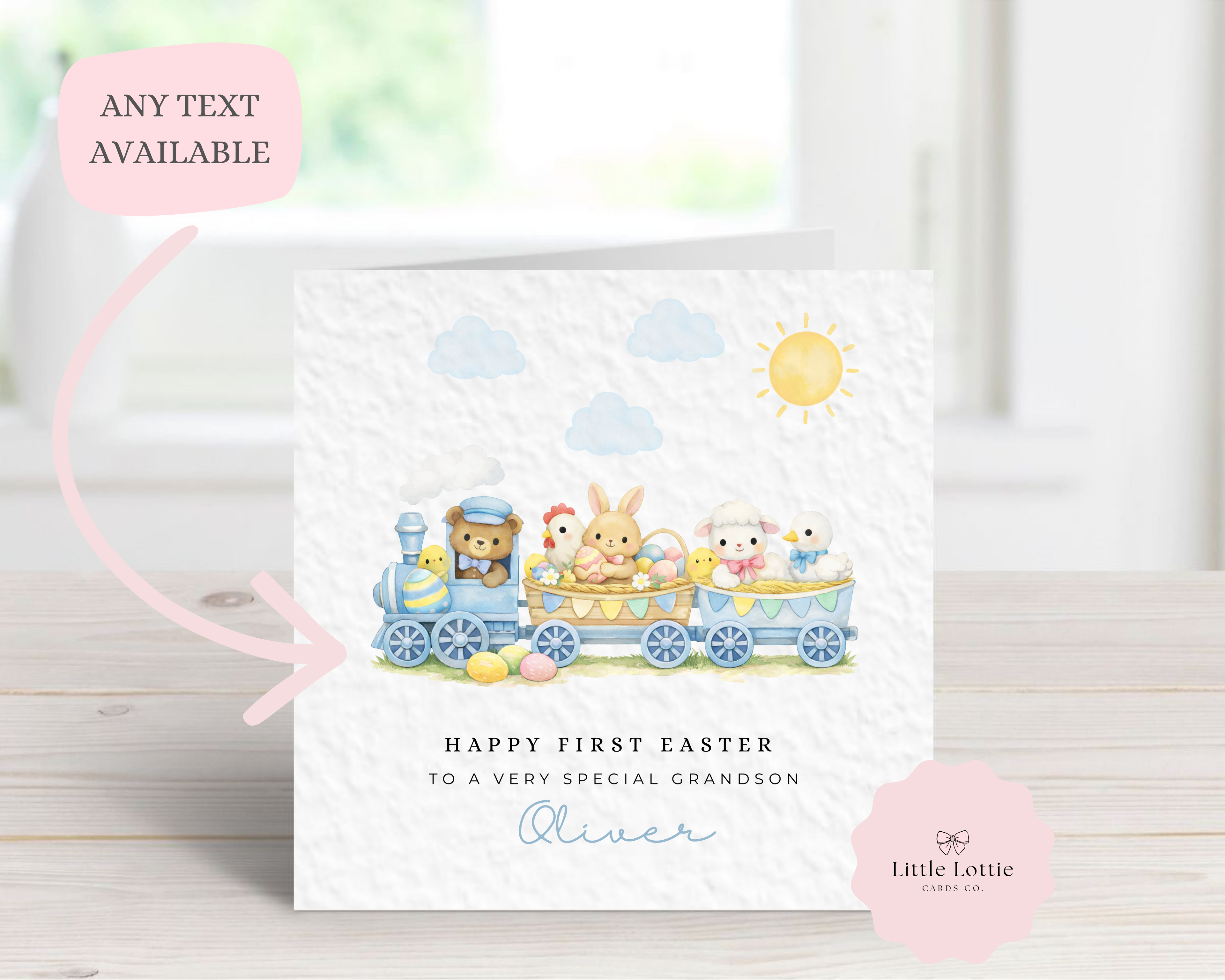 Personalised Baby's First Easter Card - Blue Watercolor Animal Train with Bear, Bunny & Lamb - Custom Name & Relation - Large 6" Square Card for Grandson, Son, Nephew