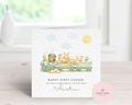 Personalised Baby's First Easter Card - Green Watercolor Animal Train with Bear, Bunny & Lamb - Custom Name & Relation - Large 6" Square Card for Son, Grandson, Nephew
