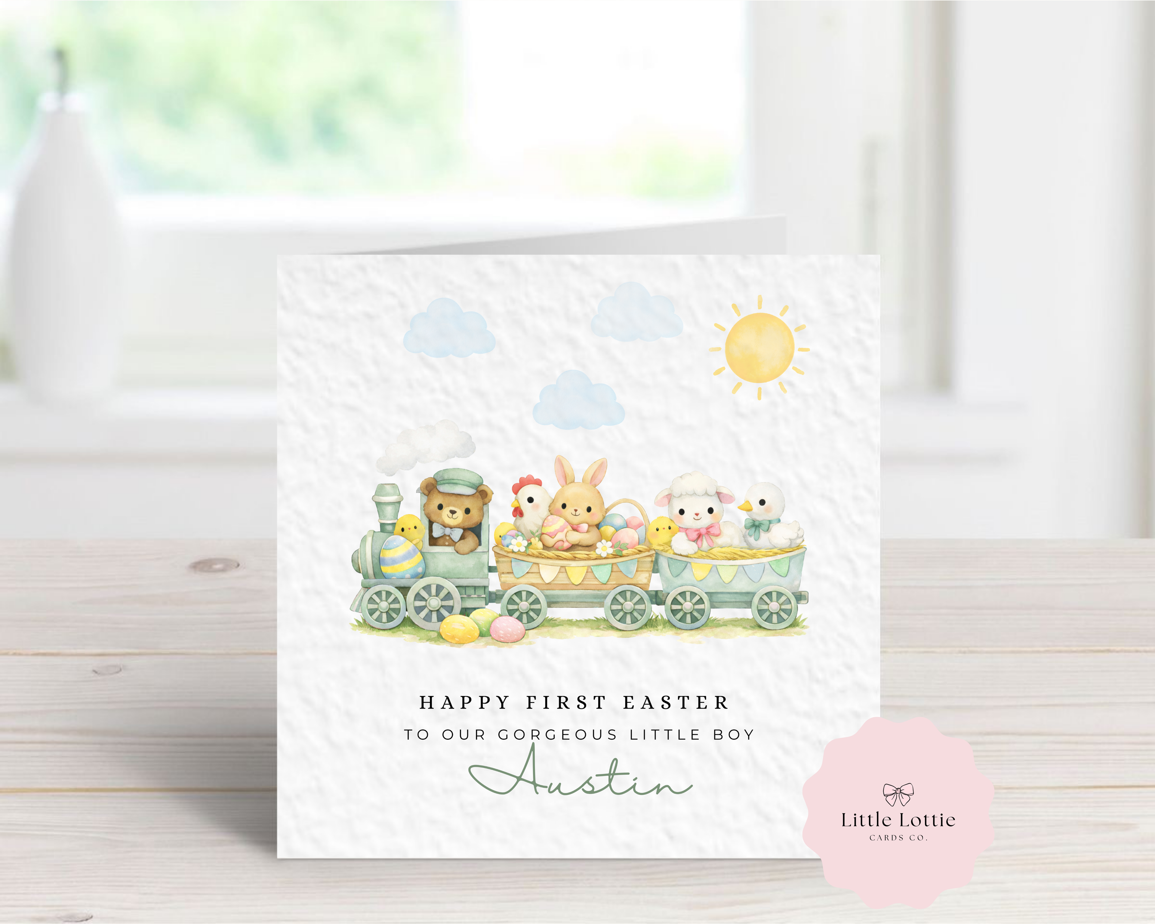 Personalised Baby's First Easter Card - Green Watercolor Animal Train with Bear, Bunny & Lamb - Custom Name & Relation - Large 6" Square Card for Son, Grandson, Nephew