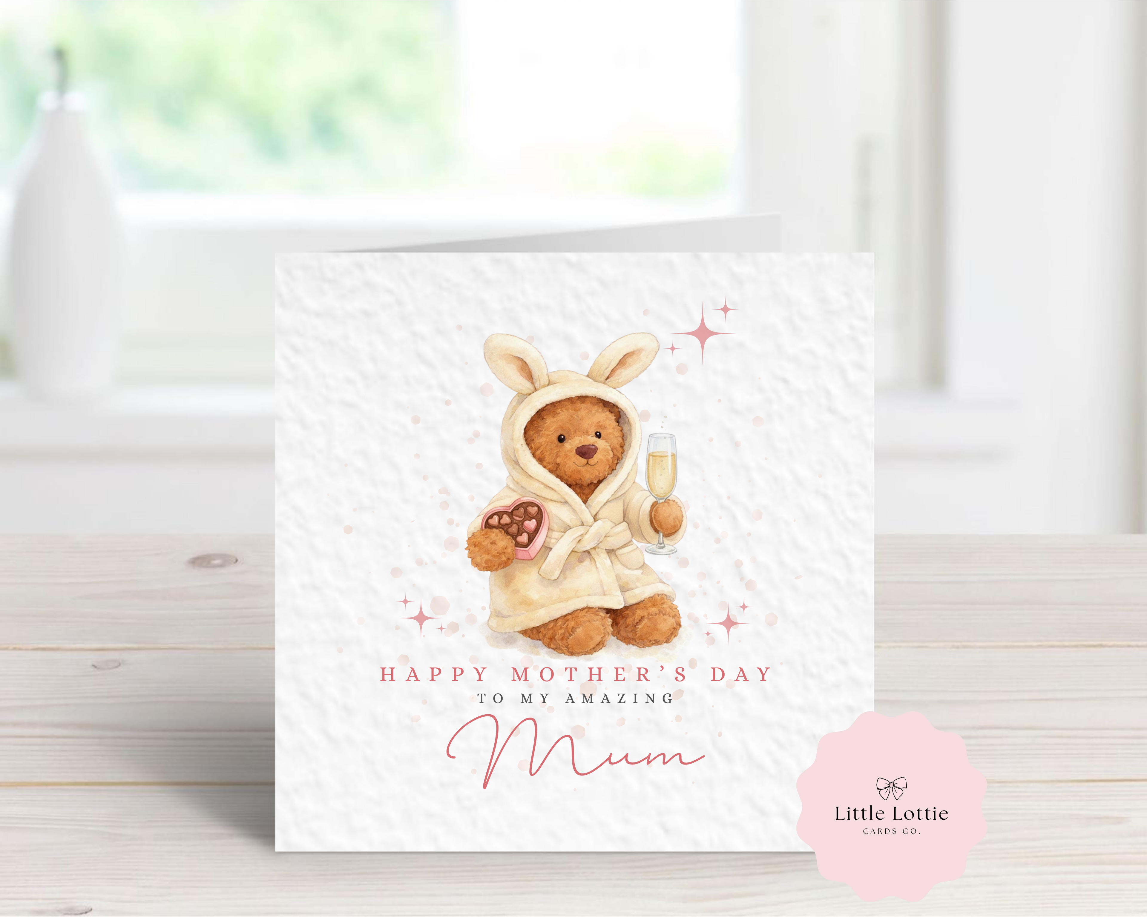 Personalised Mother's Day Card - Any Name & Relation - Cozy Watercolor Teddy Bear in Bunny Robe with Champagne & Heart Chocolates Illustration - Custom Card for Mum, Mummy, Nanna, Grandma - Large 6" Square (Copy)