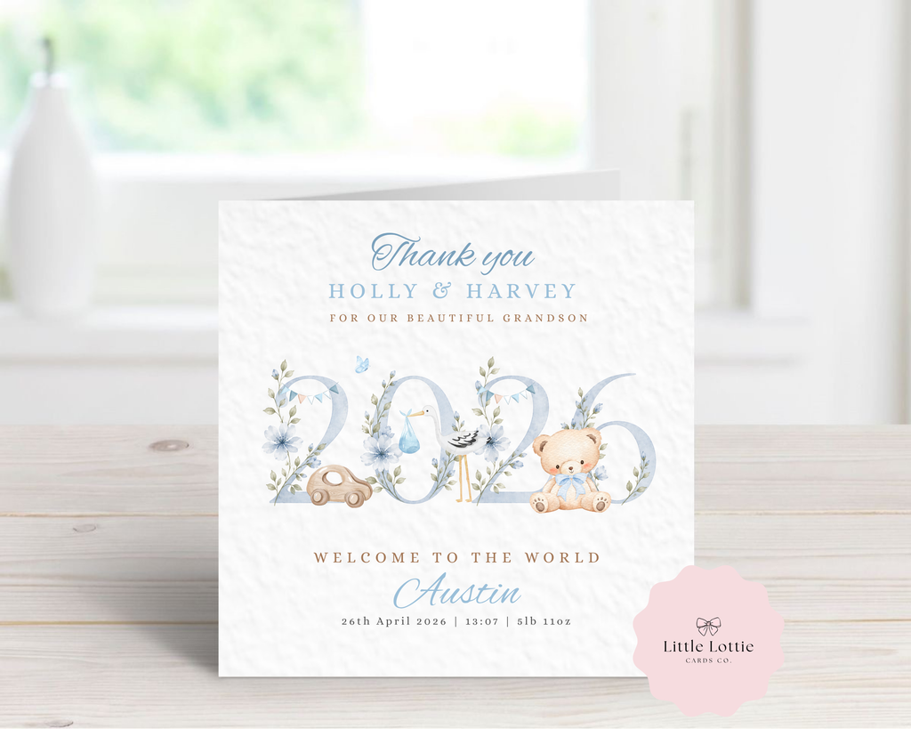 Personalised New Baby Boy Card - Blue 2026 Floral Year Keepsake - Custom Grandson Birth Details - Welcome to the World