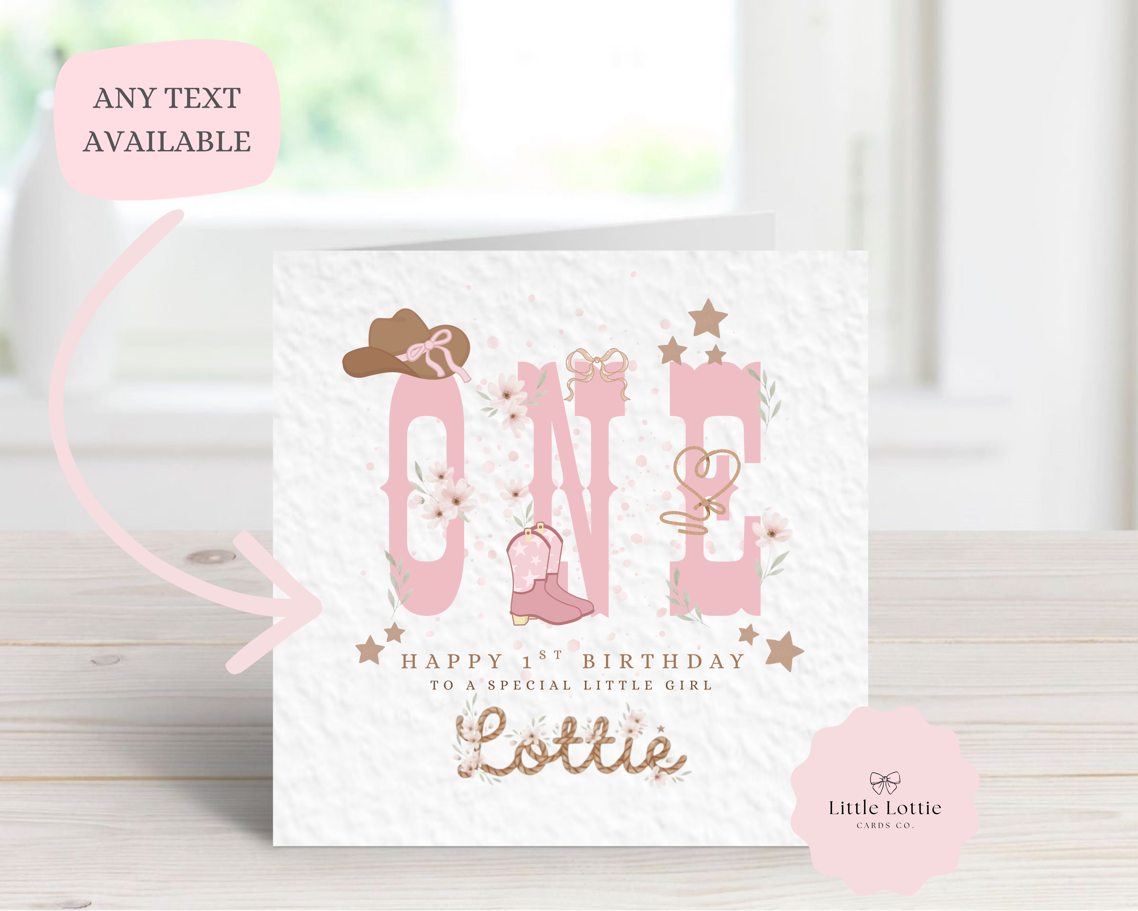 Personalised 1st Birthday Card - Pink Cowgirl Theme with Boots & Hat