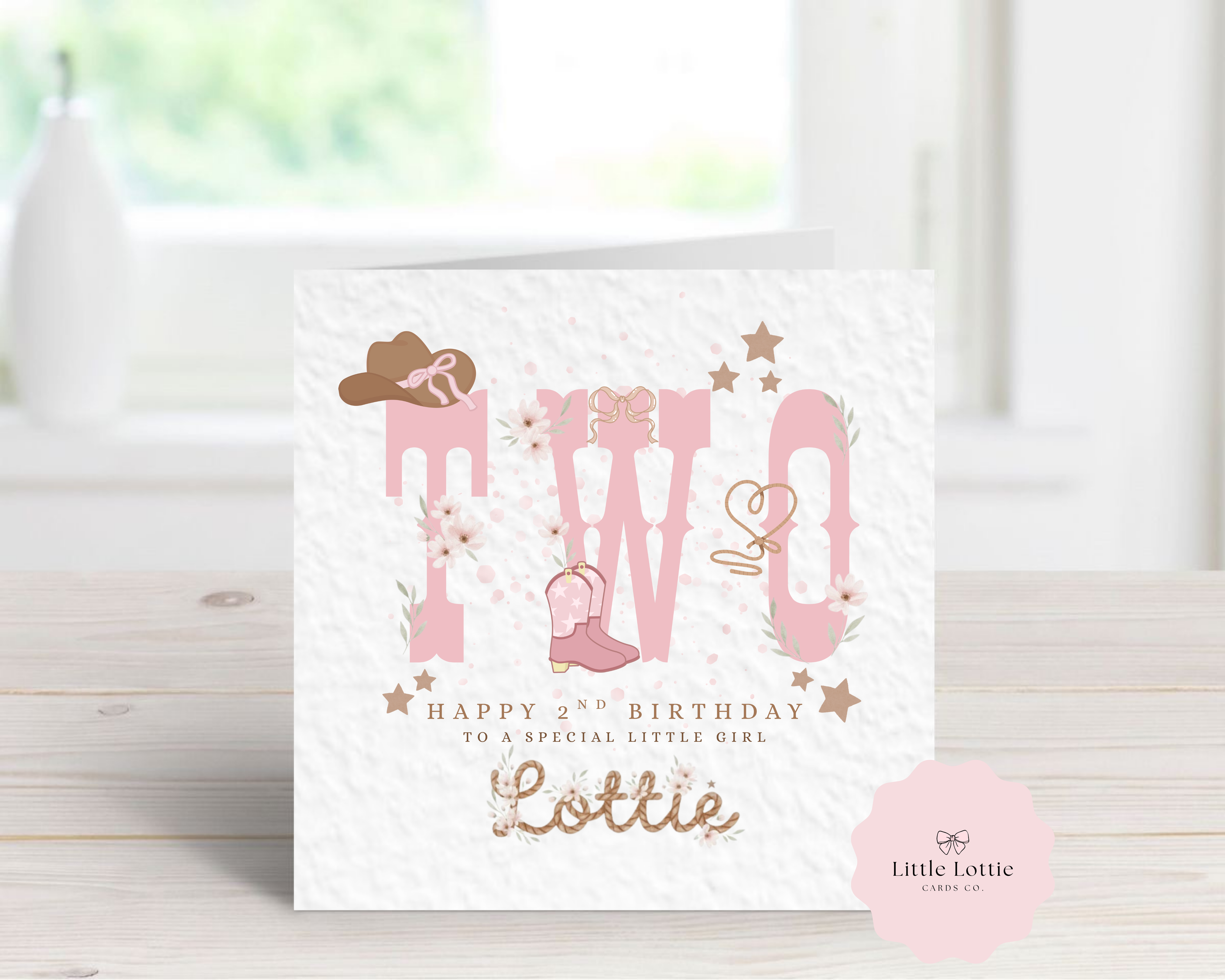 Personalised 2nd Birthday Card - Pink Cowgirl Theme - Western Boots & Hat