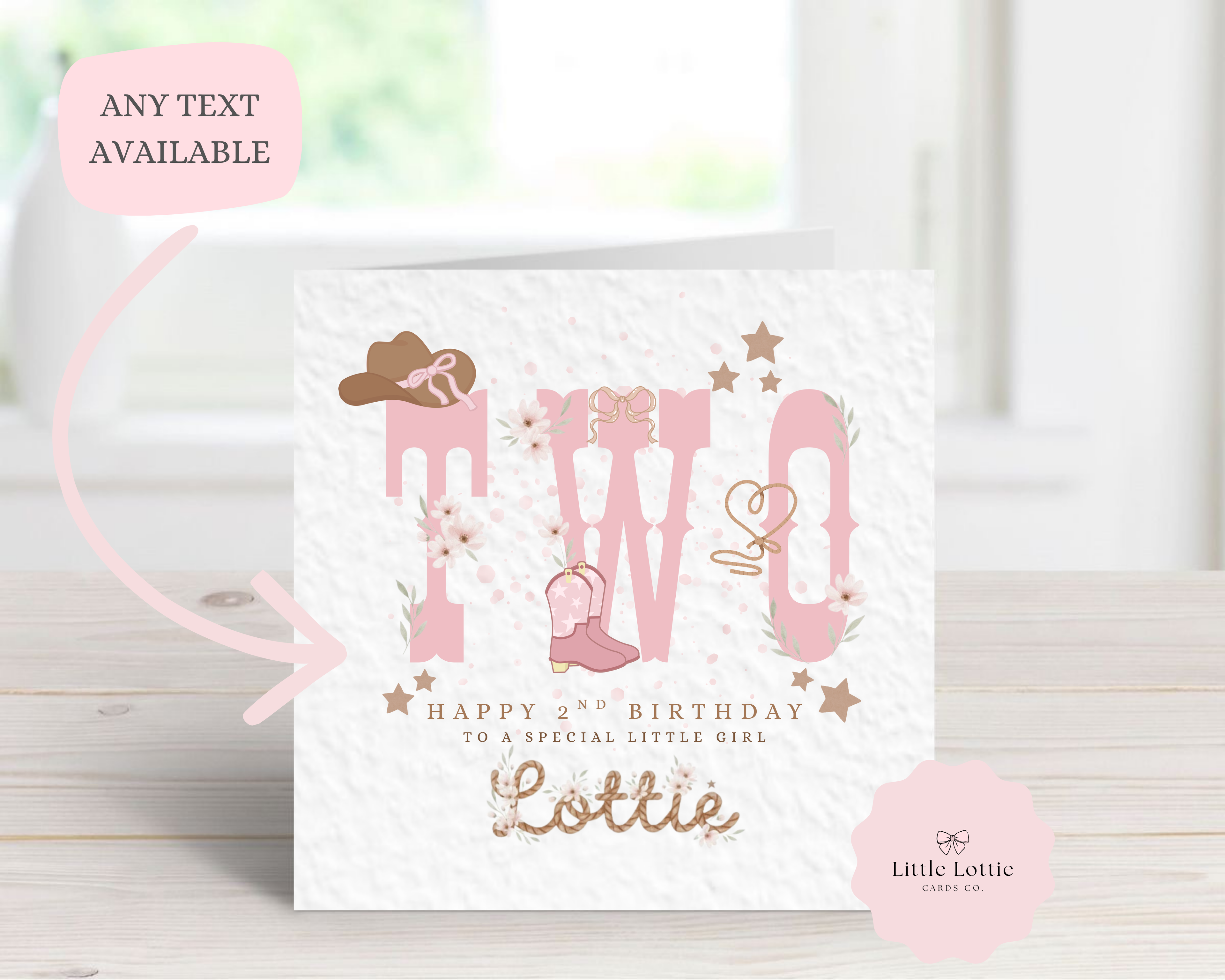 Personalised 2nd Birthday Card - Pink Cowgirl Theme - Western Boots & Hat