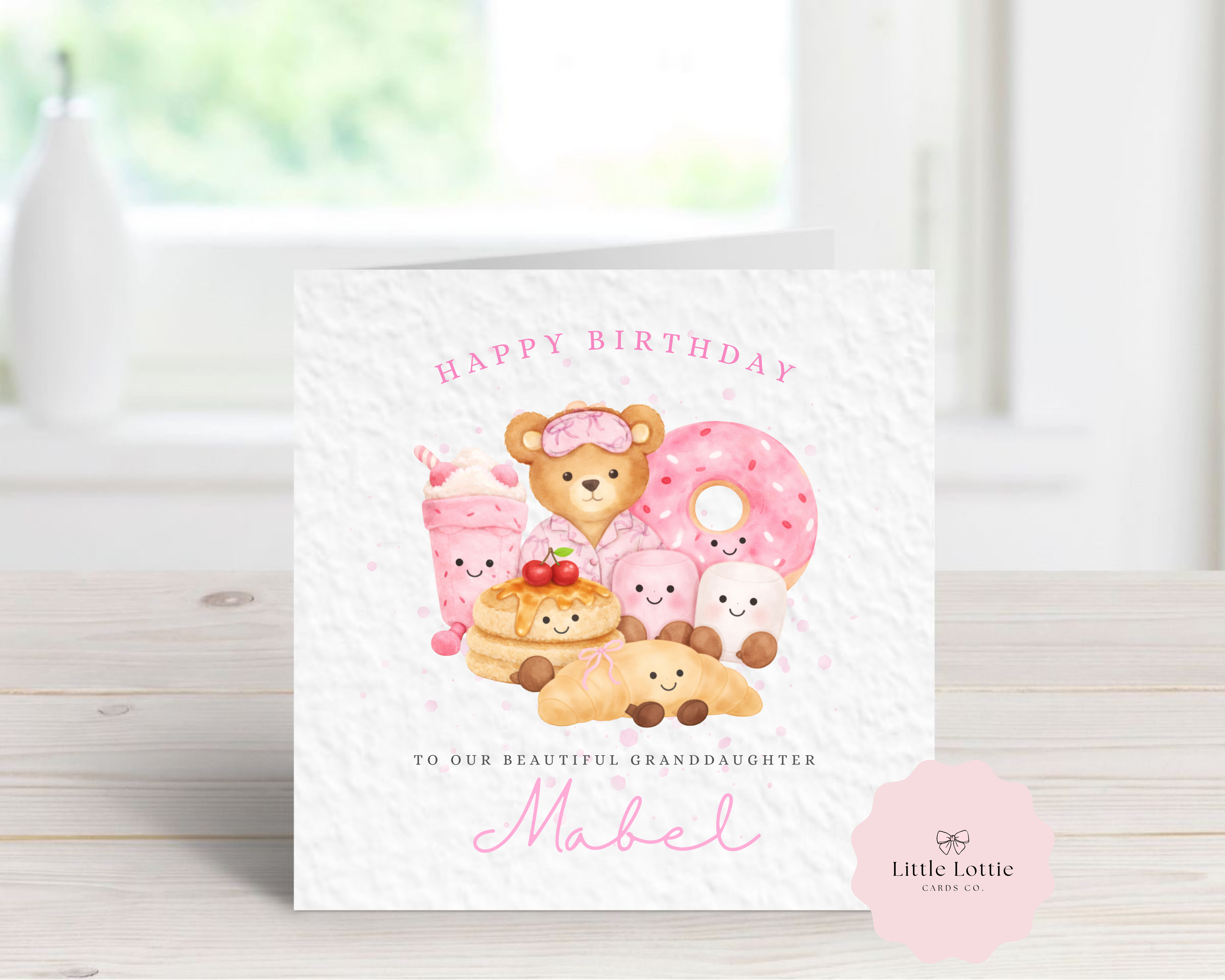 Personalised Breakfast Club Birthday Card - Cute Watercolour Teddy Bear, Pancakes & Donut