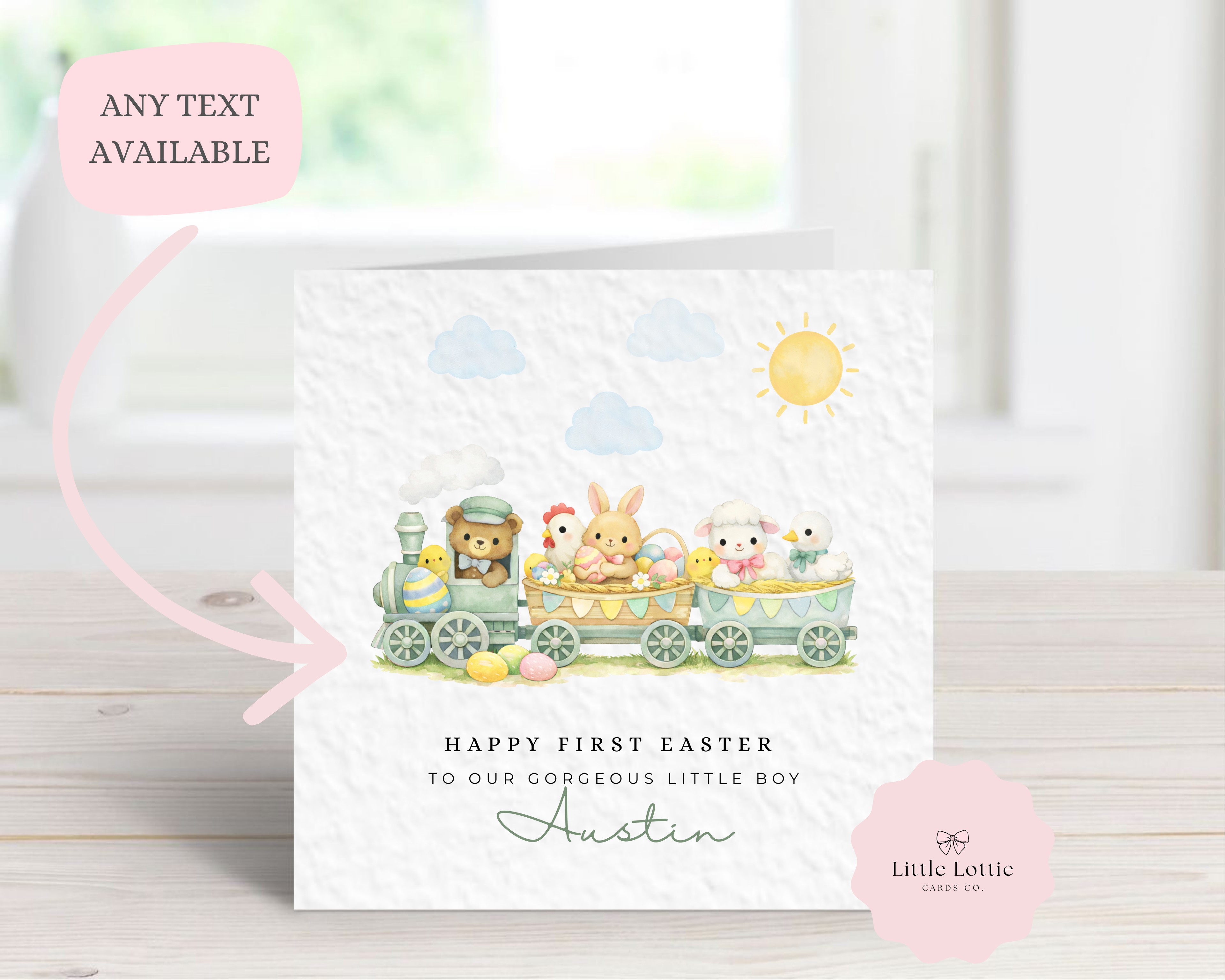 Personalised Baby's First Easter Card - Green Watercolor Animal Train with Bear, Bunny & Lamb - Custom Name & Relation - Large 6" Square Card for Son, Grandson, Nephew