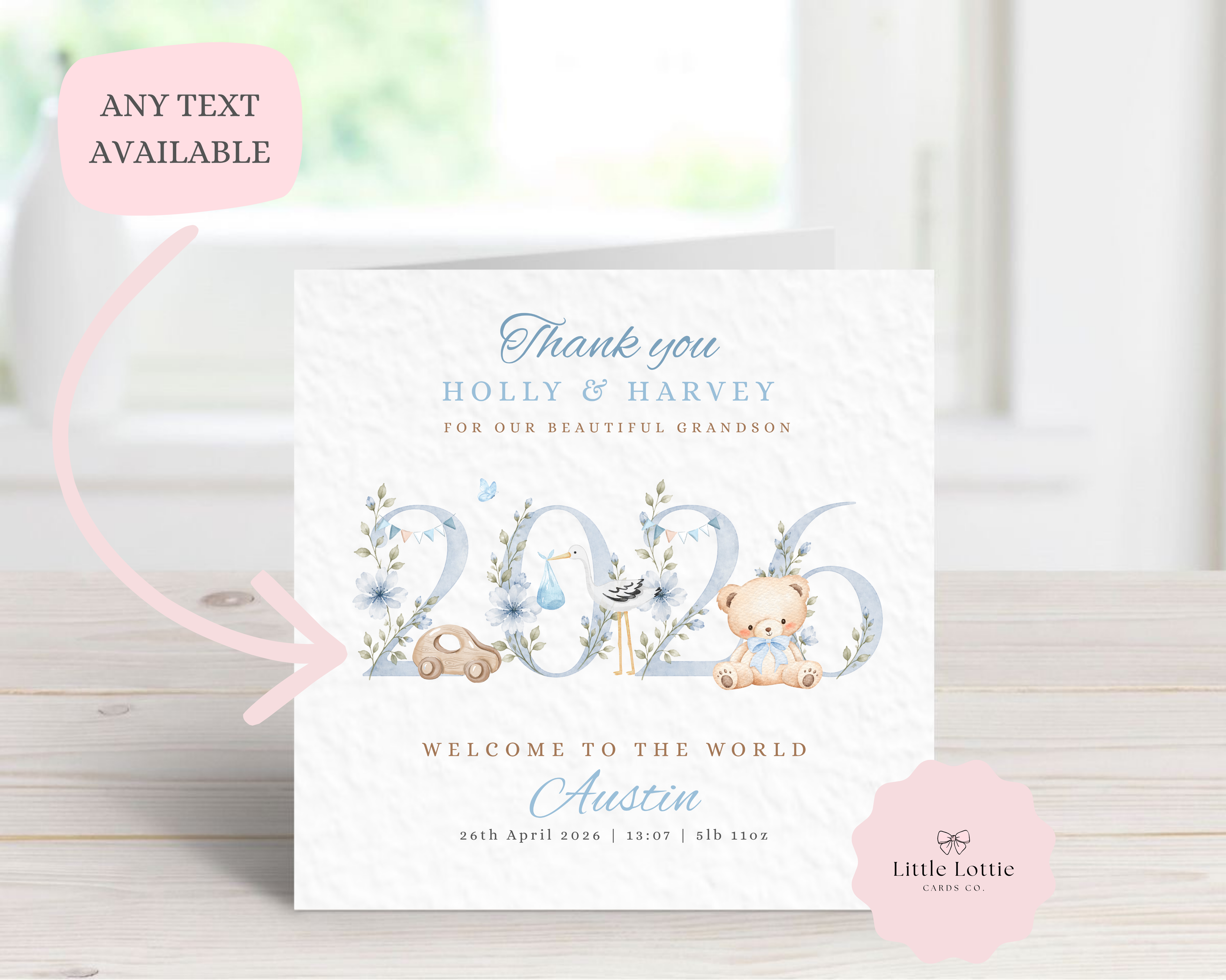 Personalised New Baby Boy Card - Blue 2026 Floral Year Keepsake - Custom Grandson Birth Details - Welcome to the World
