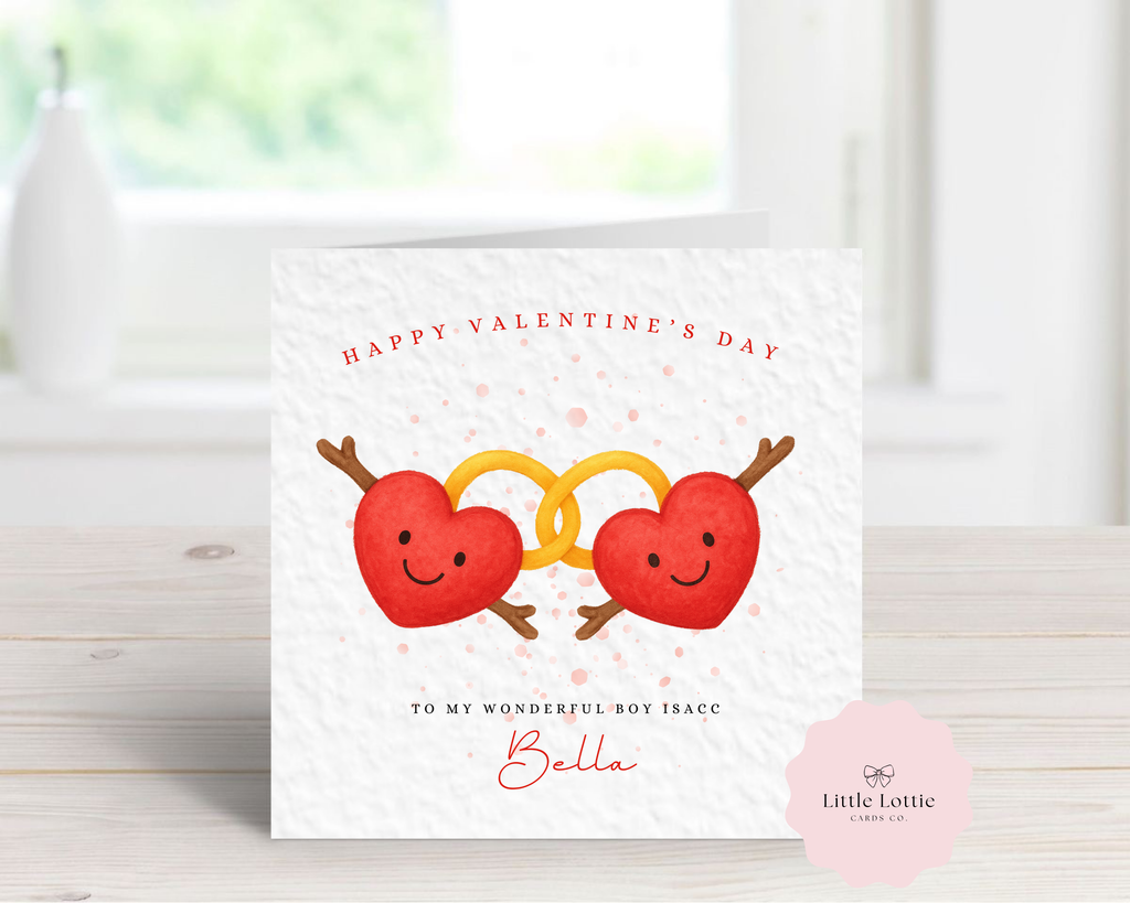 Personalised Valentine’s Day Card - Any Name & Relation - Interlocking Hearts & Rings Illustration - Custom Card for Boyfriend, Husband, Fiancé or Partner