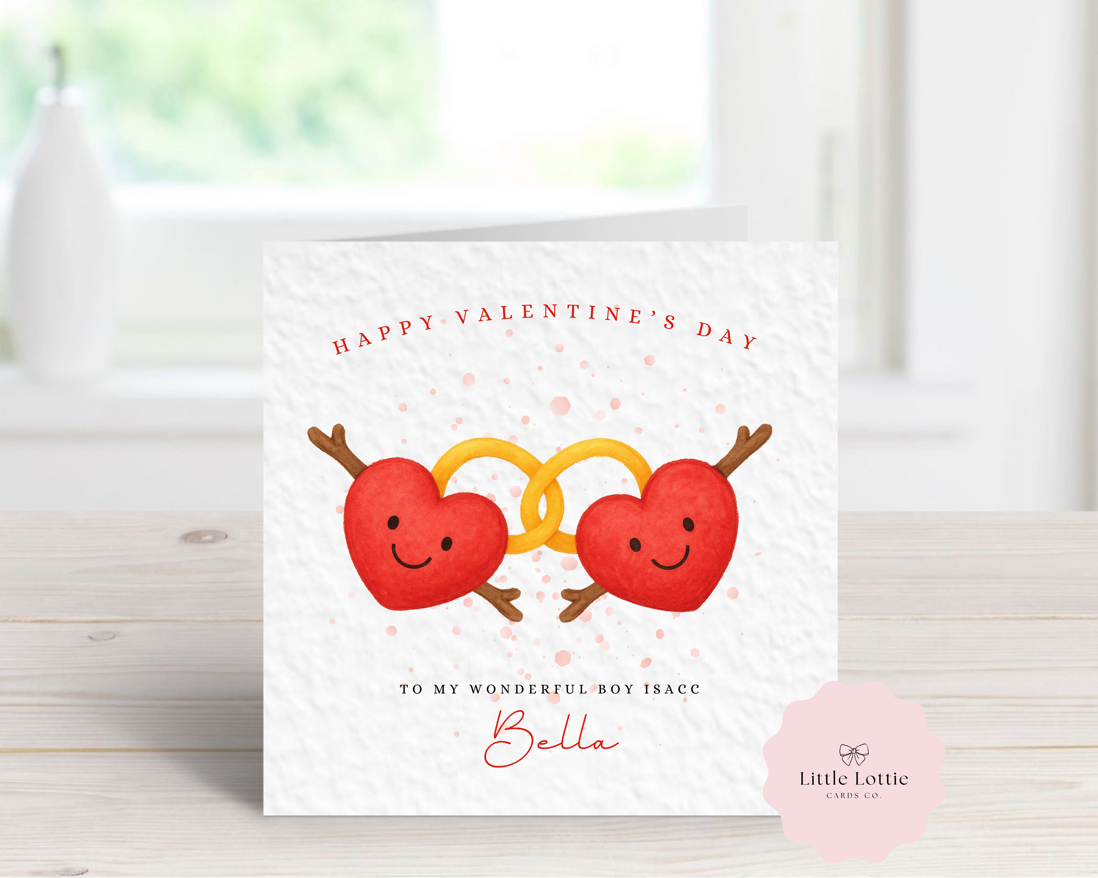 Personalised Valentine’s Day Card - Any Name & Relation - Interlocking Hearts & Rings Illustration - Custom Card for Boyfriend, Husband, Fiancé or Partner