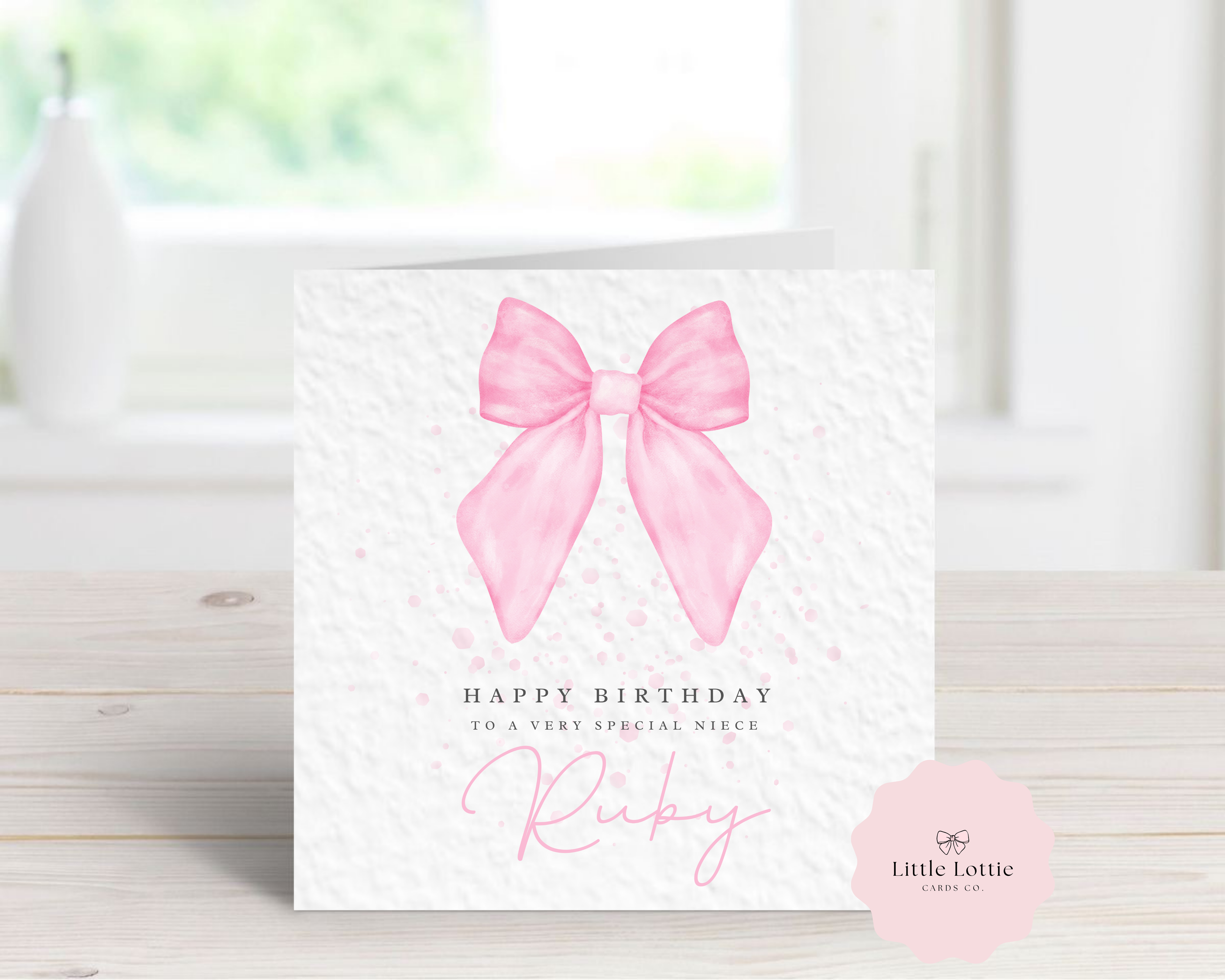 Personalised Birthday Card - Any Name, Age & Relation - Luxury Pink Watercolor Coquette Bow Illustration - Custom "Happy Birthday" Card for Her - Large 6" Square