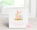 Personalised Easter Card for Girls - Watercolor Bunny & Pastel Eggs - Custom Name - Happy First Easter or Happy Easter - Luxury 6" Square Card for Daughter, Granddaughter, Niece