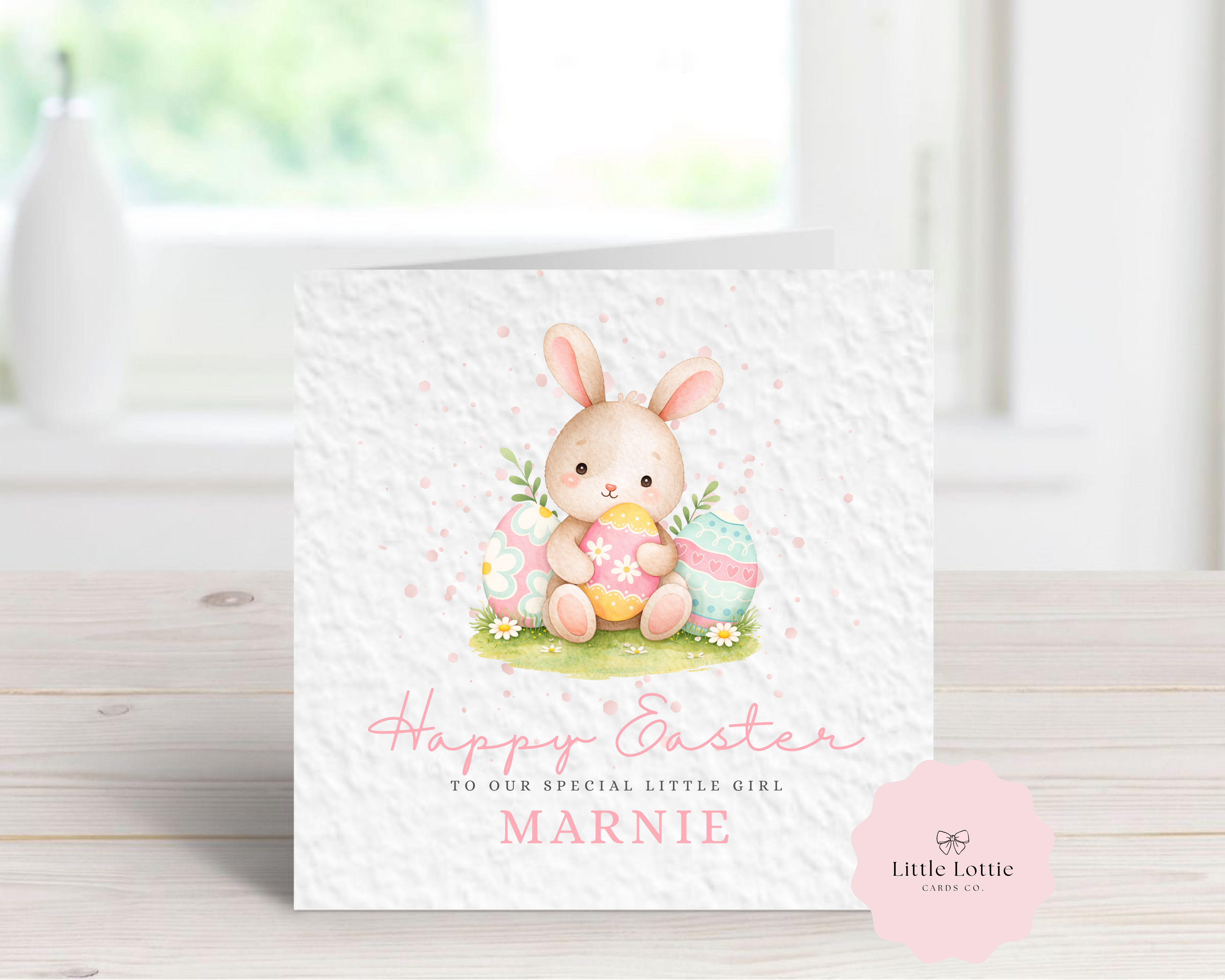 Personalised Easter Card for Girls - Watercolor Bunny & Pastel Eggs - Custom Name - Happy First Easter or Happy Easter - Luxury 6" Square Card for Daughter, Granddaughter, Niece