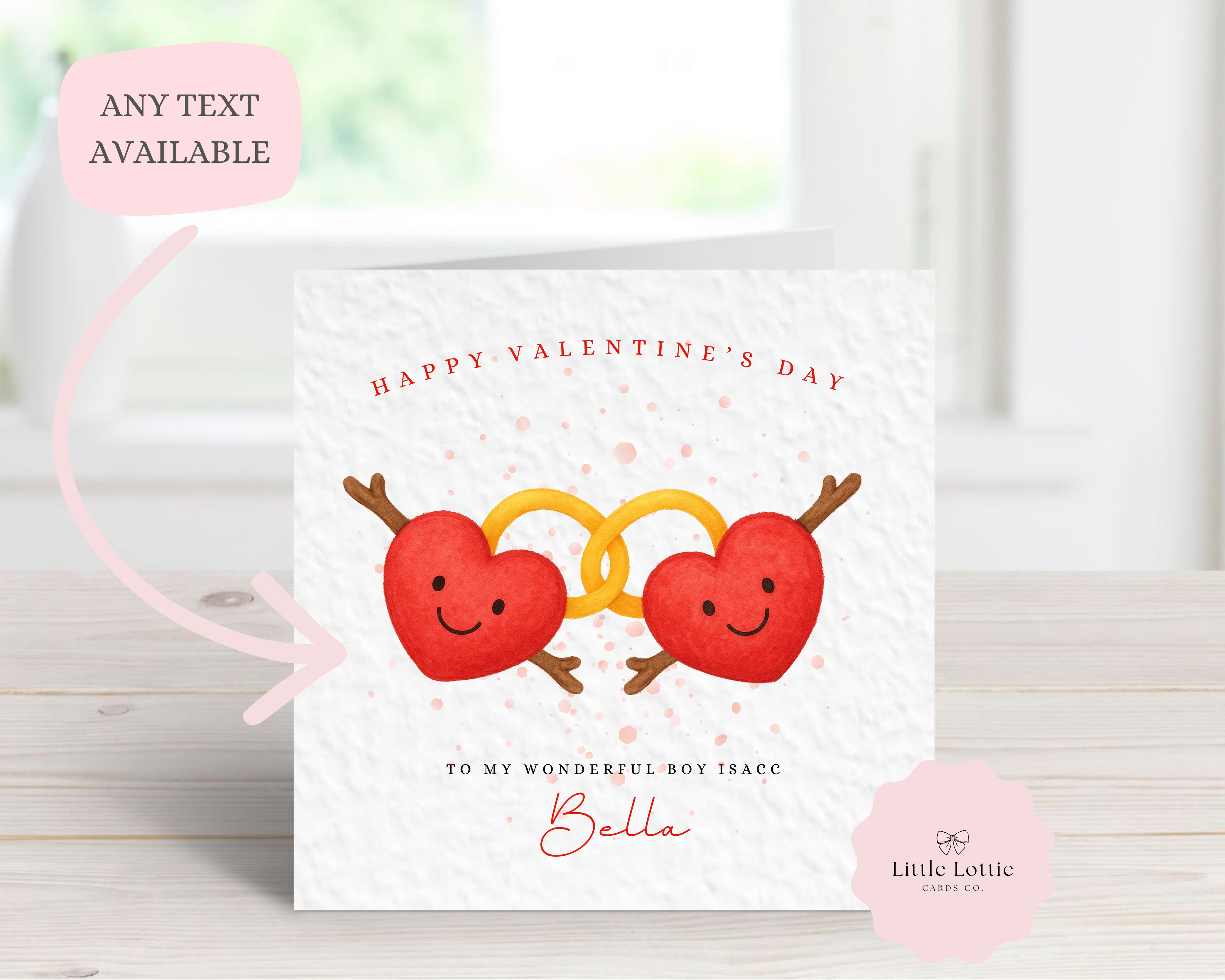 Personalised Valentine’s Day Card - Any Name & Relation - Interlocking Hearts & Rings Illustration - Custom Card for Boyfriend, Husband, Fiancé or Partner