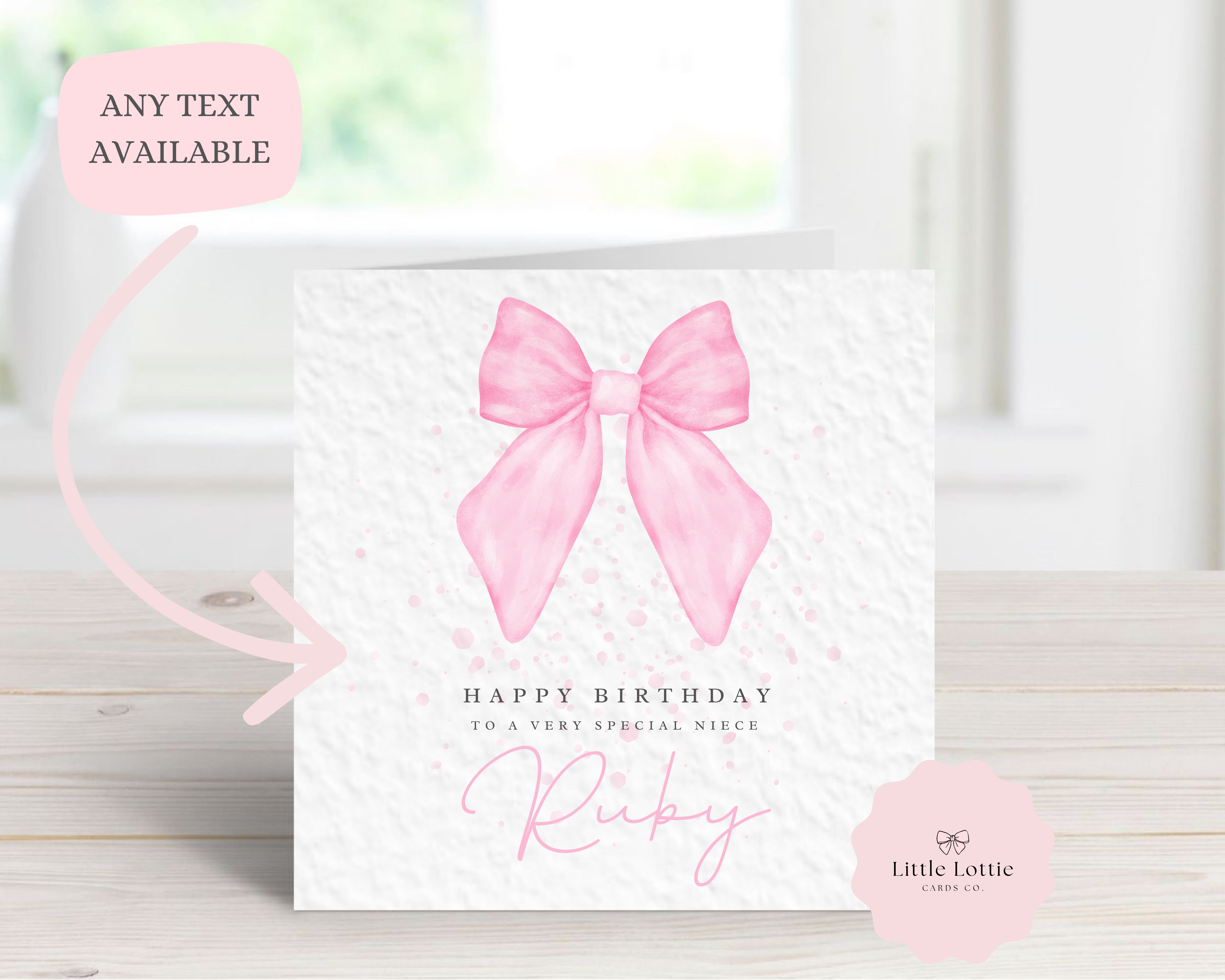 Personalised Birthday Card - Any Name, Age & Relation - Luxury Pink Watercolor Coquette Bow Illustration - Custom "Happy Birthday" Card for Her - Large 6" Square