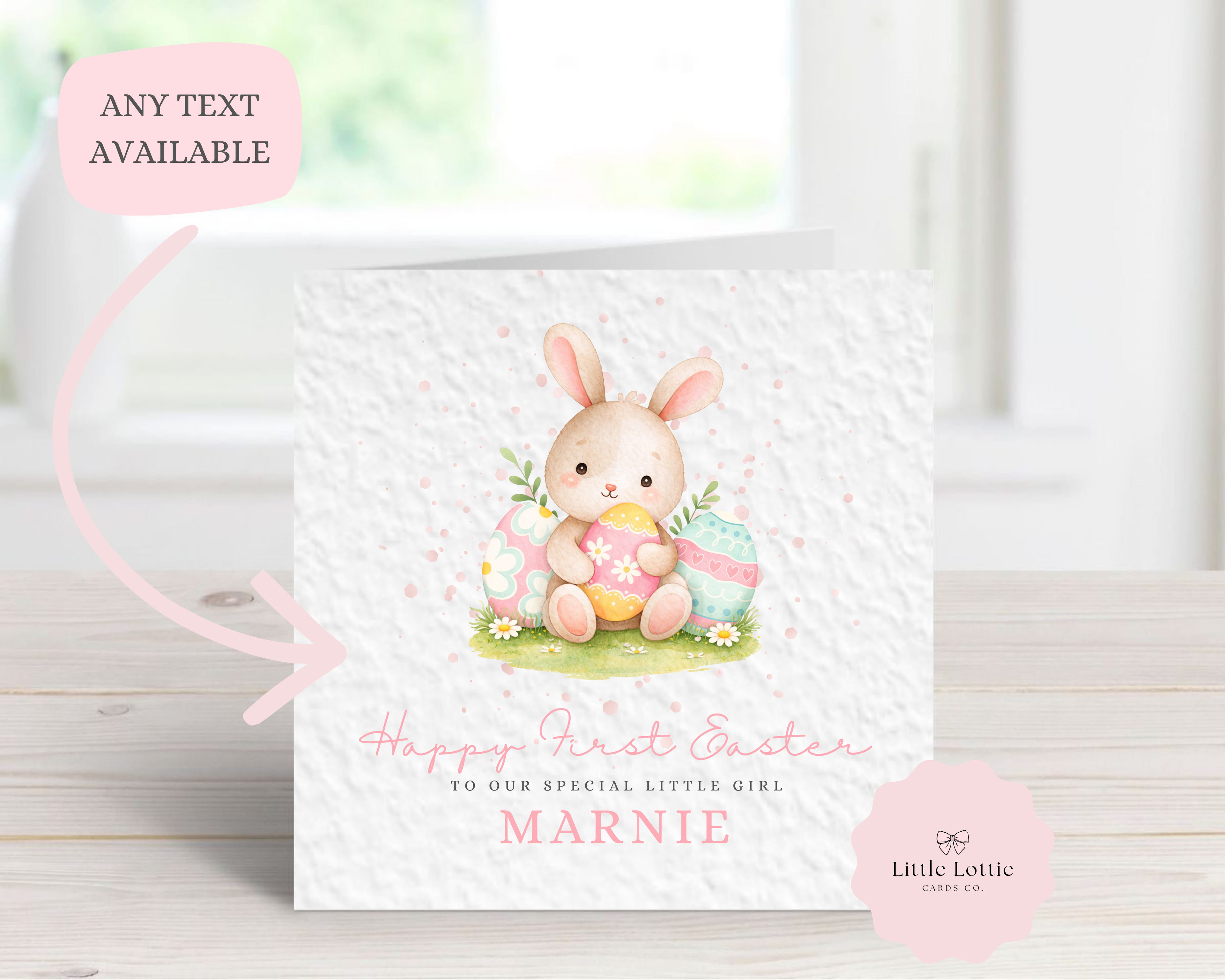 Personalised Easter Card for Girls - Watercolor Bunny & Pastel Eggs - Custom Name - Happy First Easter or Happy Easter - Luxury 6" Square Card for Daughter, Granddaughter, Niece
