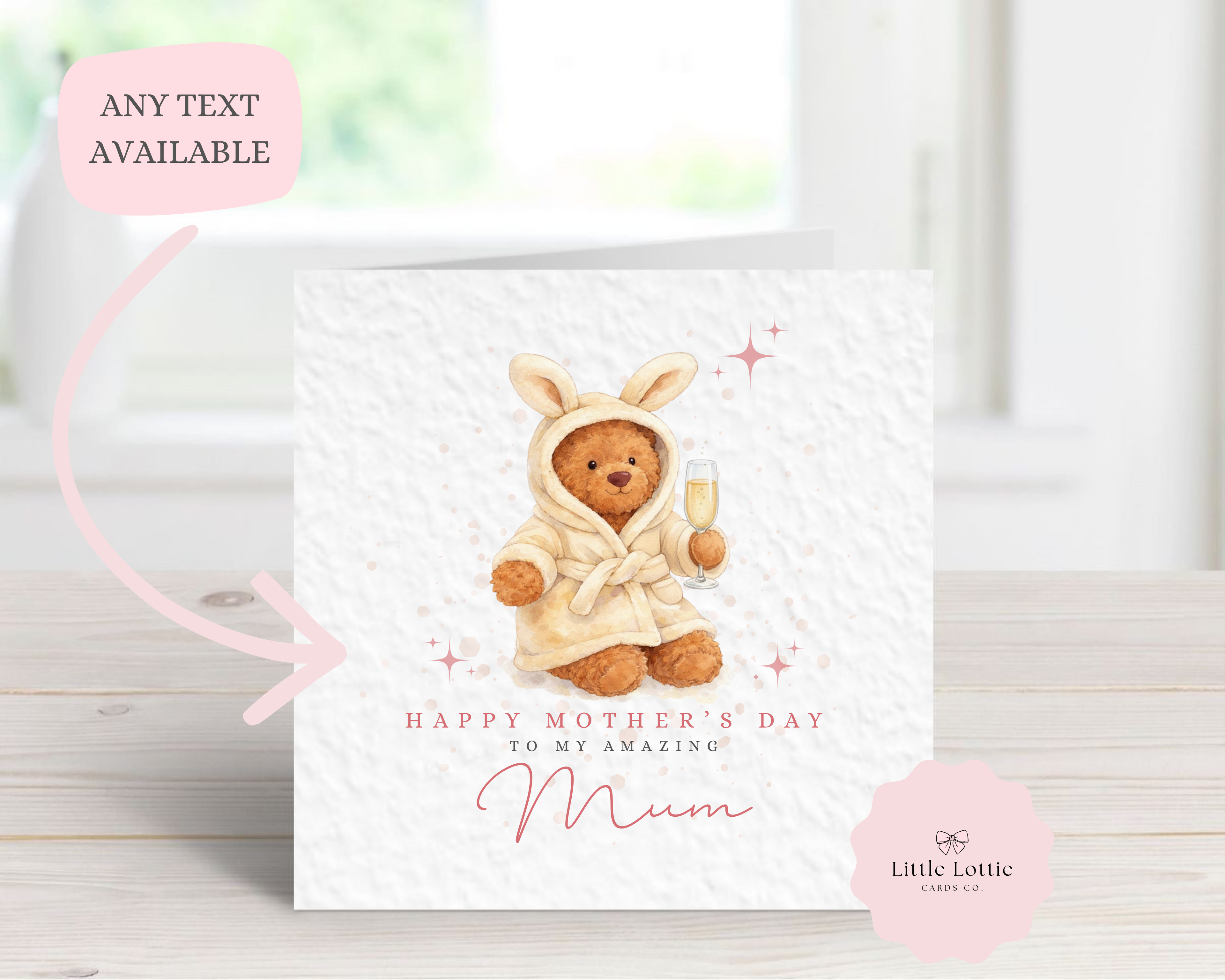 Personalised Mother's Day Card - Any Name & Relation - Cozy Watercolor Teddy Bear in Bunny Robe with Champagne Glass - Custom Card for Mum, Mummy, Nanna, Grandma - Large 6" Square