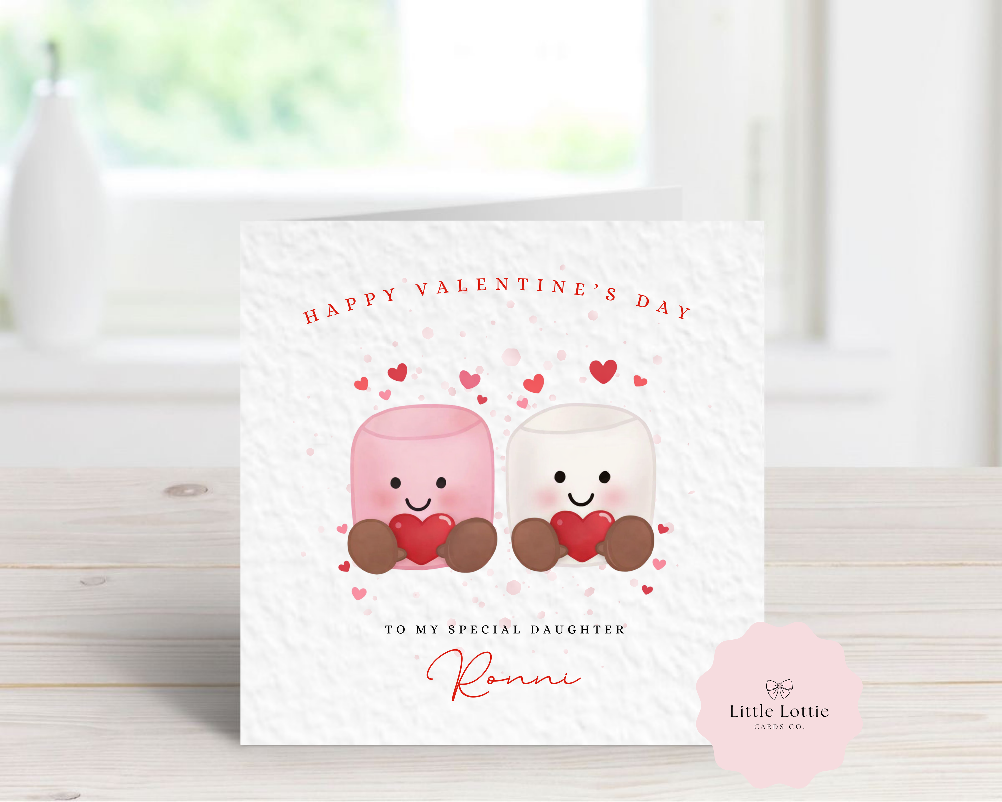 Personalised Valentine’s Day Card - Any Name & Relation - Cute Hot Chocolate Marshmallow Illustration - Custom Card for Daughter, Son, Girlfriend or Boyfriend