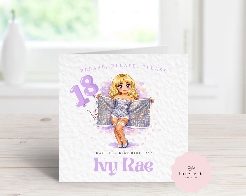 Personalised Sabrina Carpenter Inspired Birthday Card - Any Name, Age & Relation - "Please Please Please" Pop Star Illustration - Custom Milestone 18th Birthday Card for Her - Luxury 6" Square