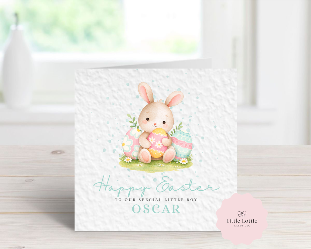 Personalised Easter Card for Boys - Blue Watercolor Bunny & Pastel Eggs - Custom Name - Happy First Easter or Happy Easter - Luxury 6" Square Card for Son, Grandson, Nephew