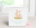 Personalised Easter Card for Boys - Blue Watercolor Bunny & Pastel Eggs - Custom Name - Happy First Easter or Happy Easter - Luxury 6" Square Card for Son, Grandson, Nephew