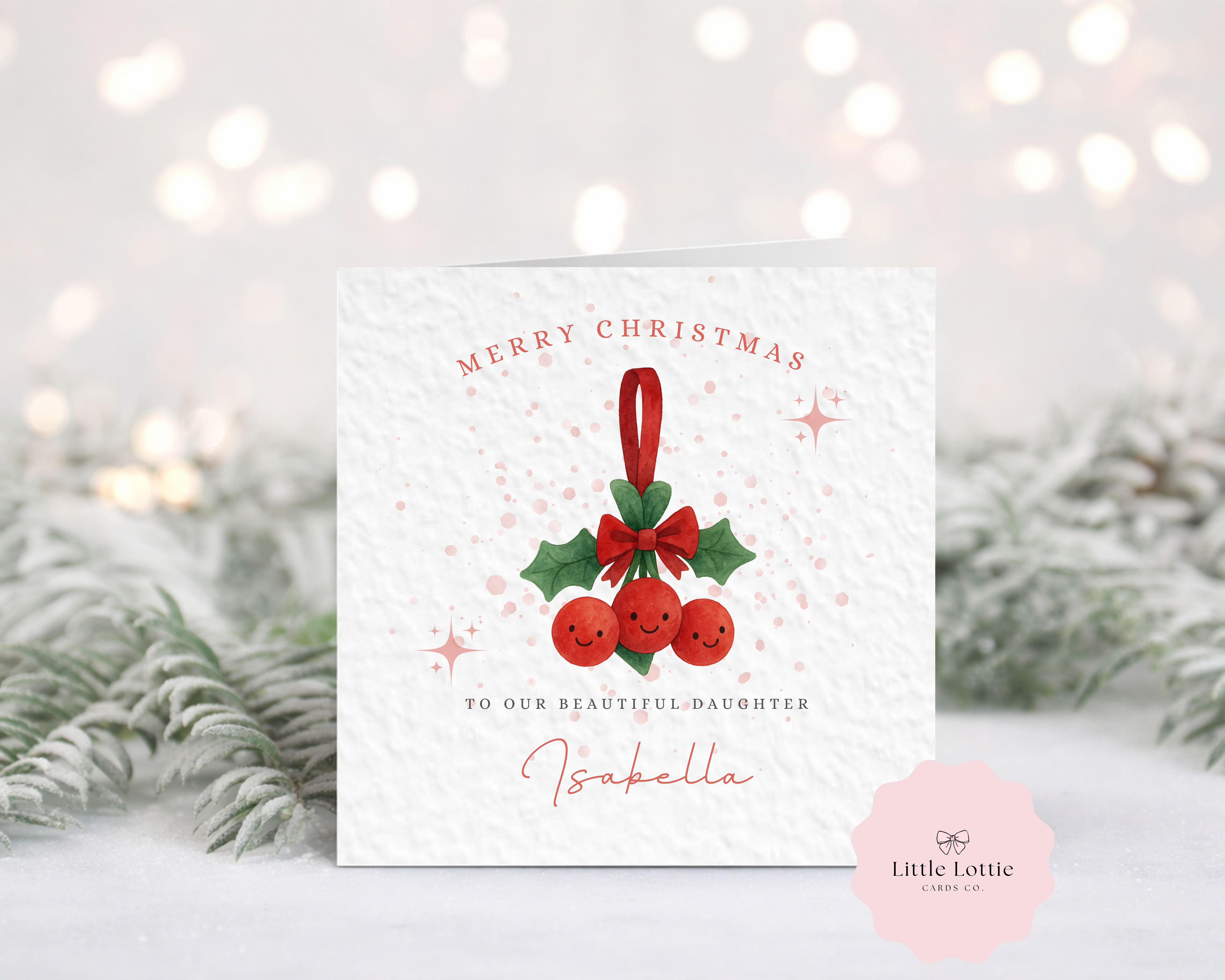 Personalised Christmas Card - Any Name & Relation - Cute Holly Berry Watercolour Amuseable Style