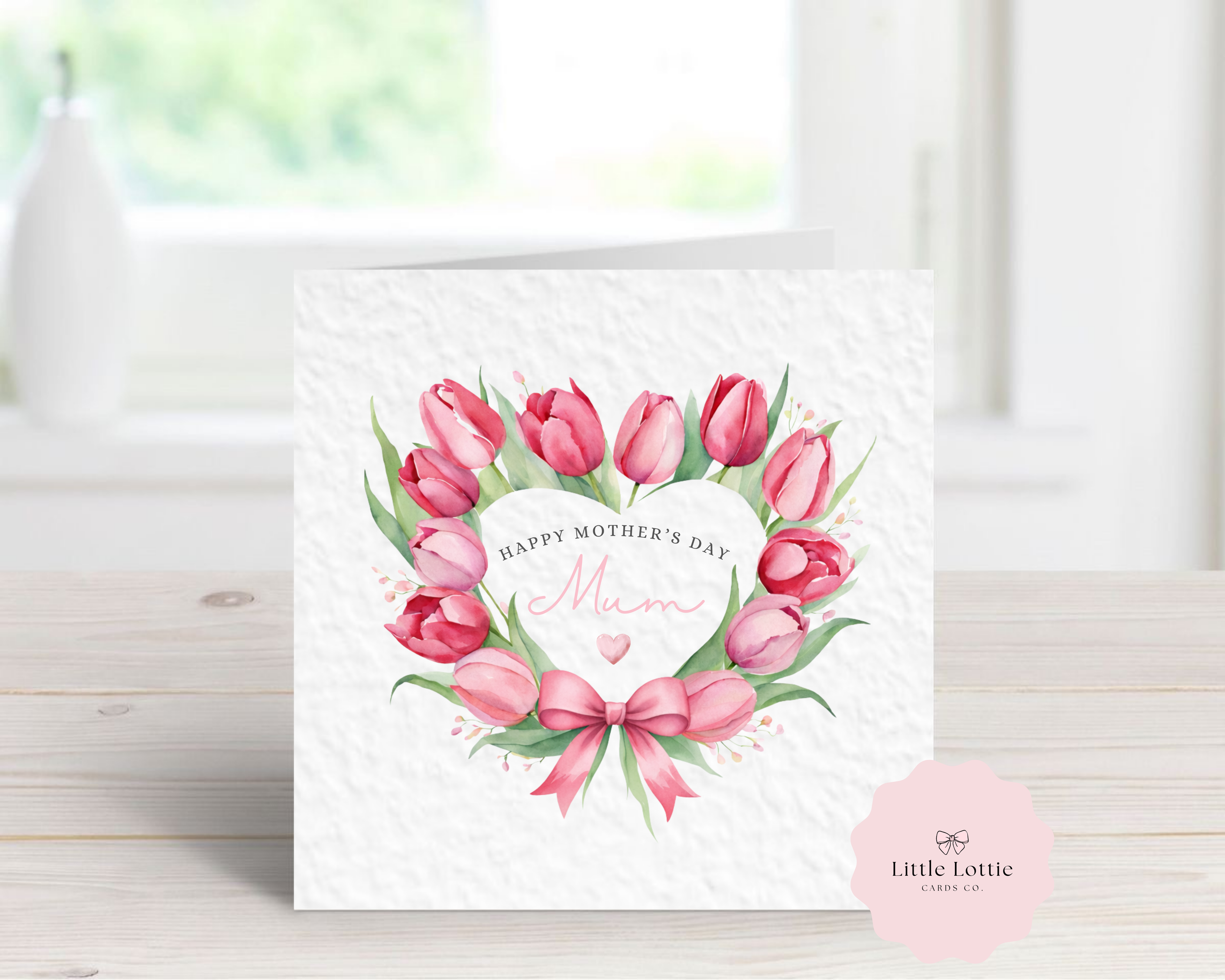 Personalised Mother's Day Card - Any Name & Relation - Luxury Watercolor Pink Tulip Flower Heart Illustration - Custom Card for Mum, Mummy, Nanna, Grandma - Large 6" Square