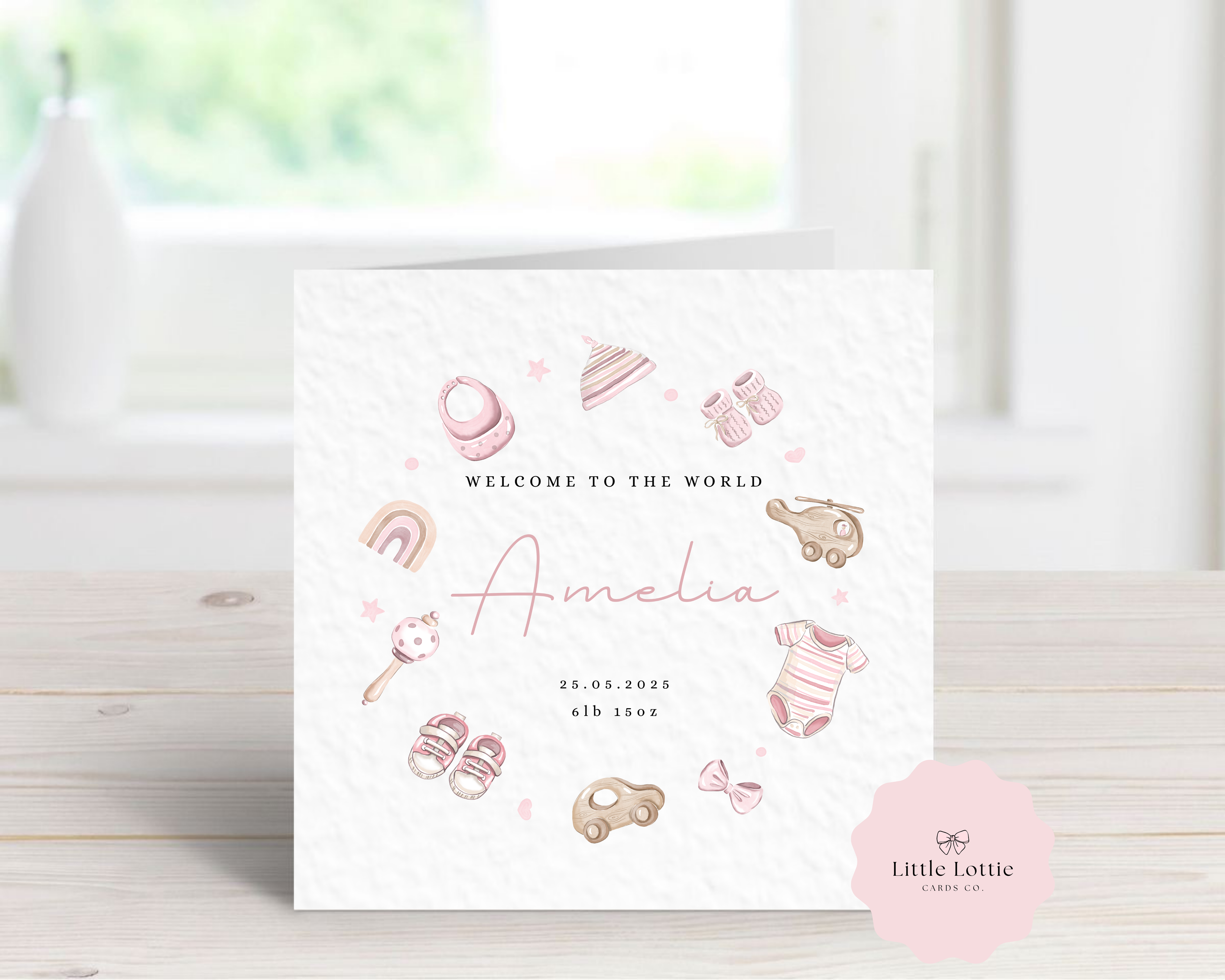 Personalised New Baby Girl Card - Pink Nursery Birth Details - Custom Name, Date & Weight Keepsake